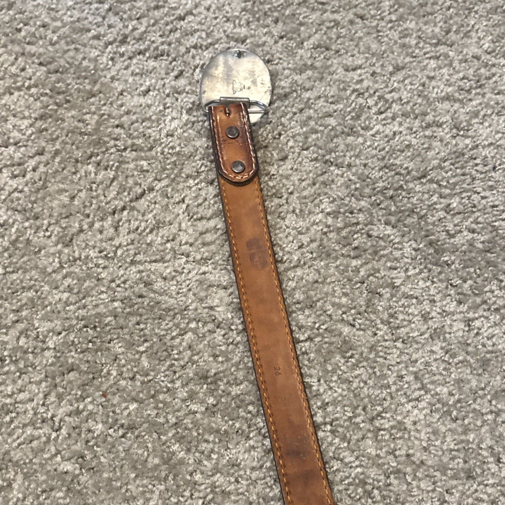 Tony Lama VINTAGE Tony Lama Inlay Leather Belt Pewter Horse Buckle Brown Adult Unisex 26” Size ONE SIZE - 5 Thumbnail