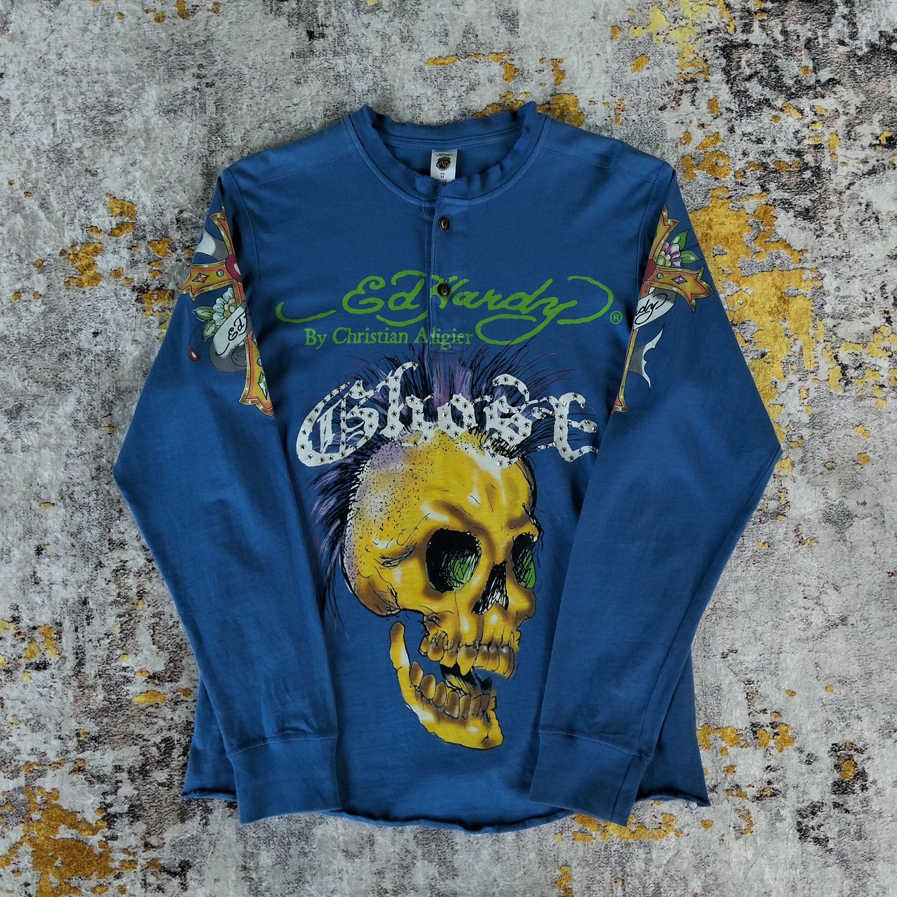 Y2k Ed Hardy Rhinestone Ghost Skull Cross Long Sleeve Tee