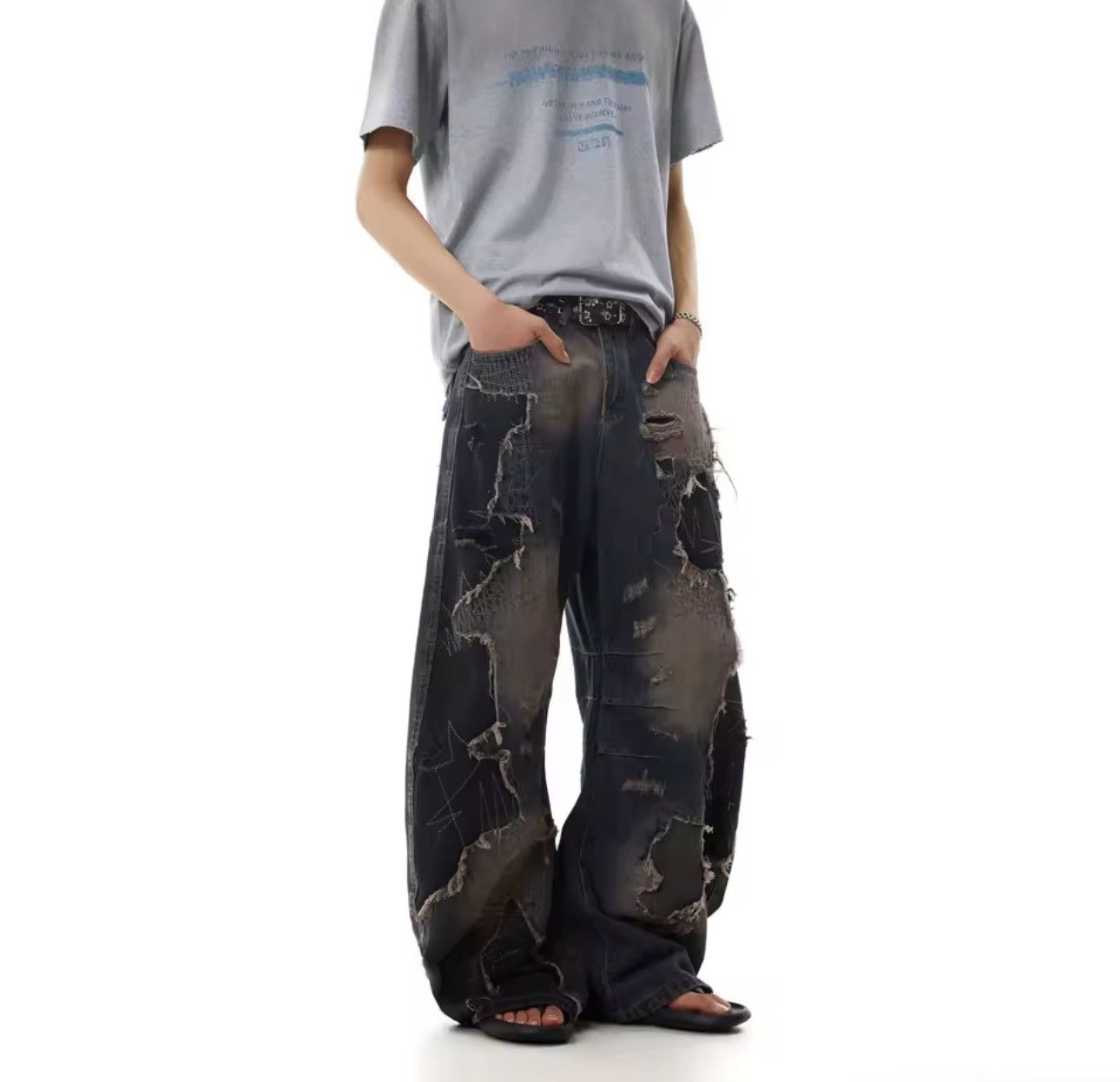 Jean Y2k Custom Damage Baggy Streetwear Jeans Size US 30 / EU 46 - 4 Thumbnail