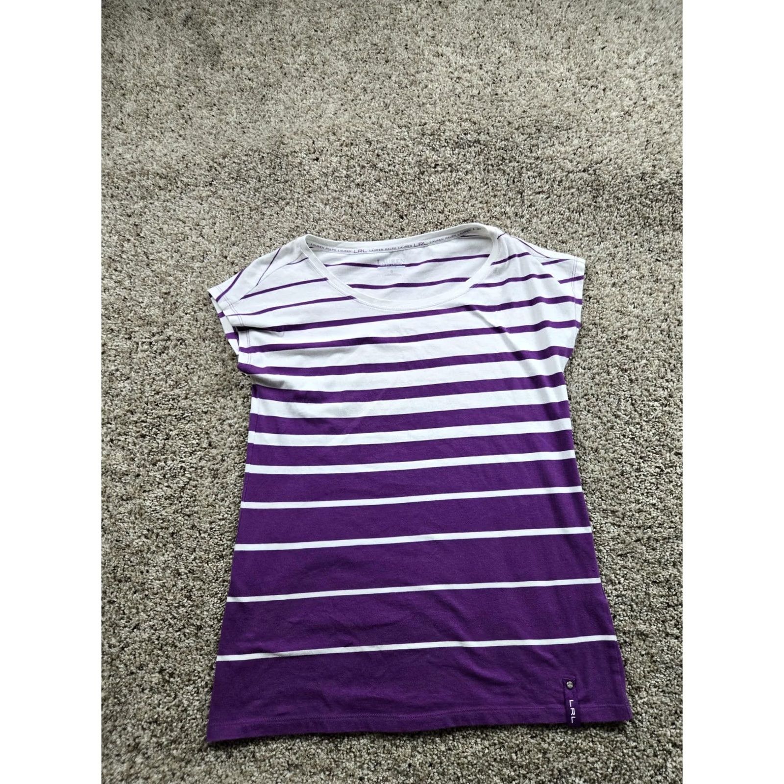 Ralph Lauren Lauren Ralph Lauren Active Shirt Womens Small Purple White Striped Stretch Top T-Shirt Knit Crew Neck Short Sleeve Cap Sleeve Shirt Womens Size S / US 4 / IT 40 - 2 Thumbnail