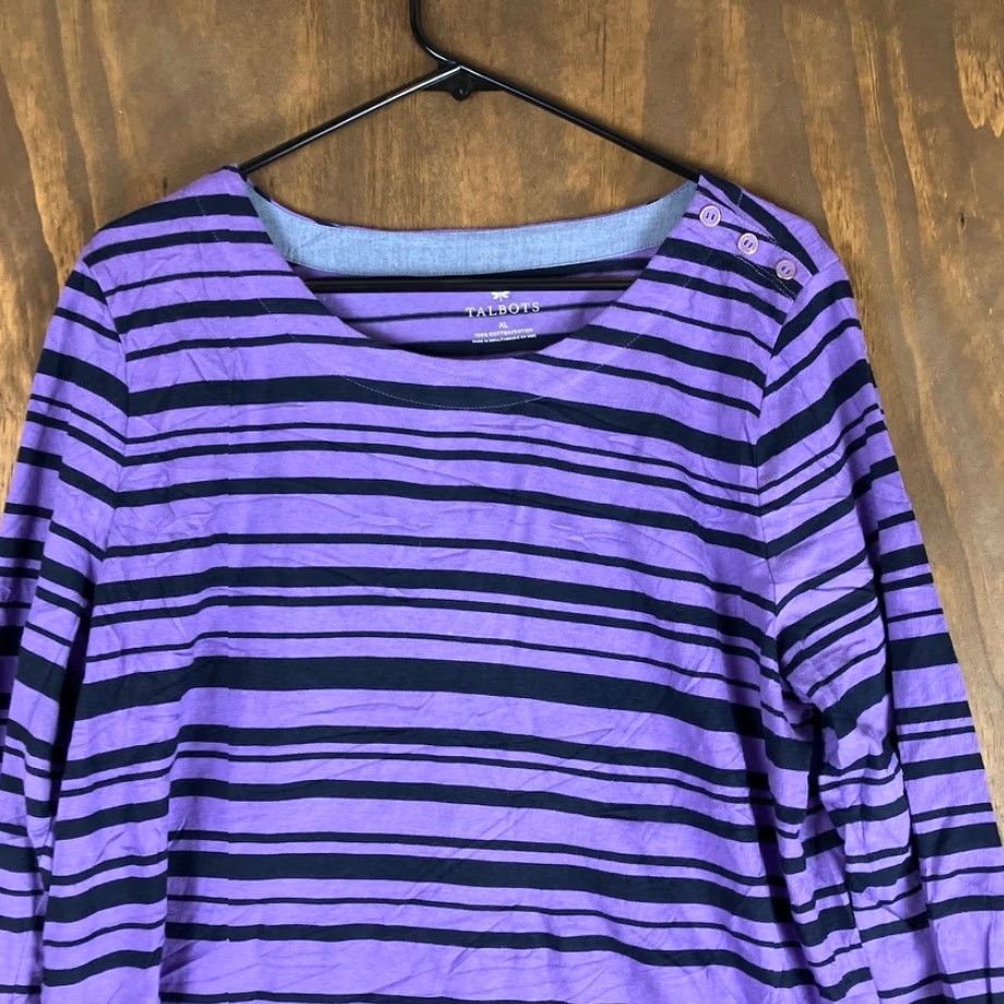 Talbots Talbots Women’s Shirt Purple Black Striped Long Sleeve Round Neck 100% Cotton XL Size XL / US 12-14 / IT 48-50 - 2 Thumbnail