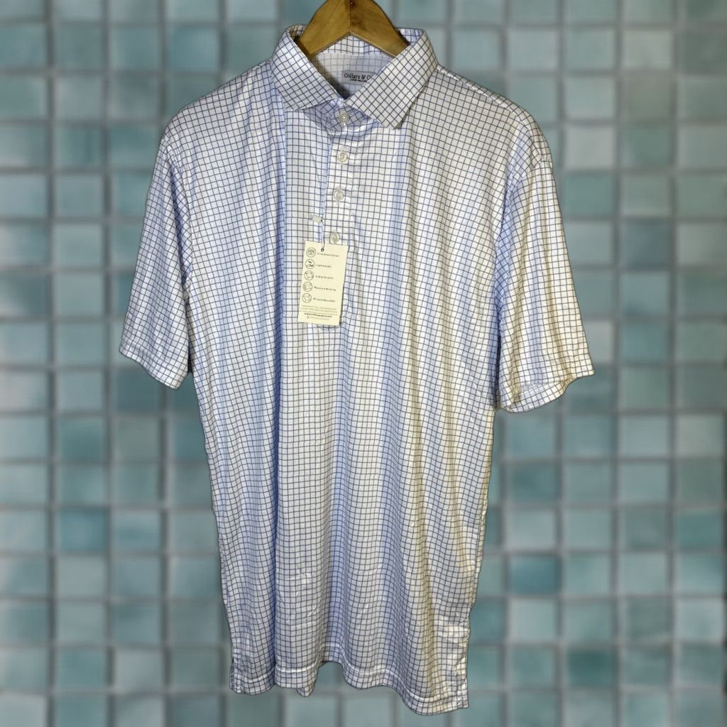 Collars & Co Dress Collar Polo Shirt White Navy Check Large Relaxed Regular Fit Men Golf Shirt