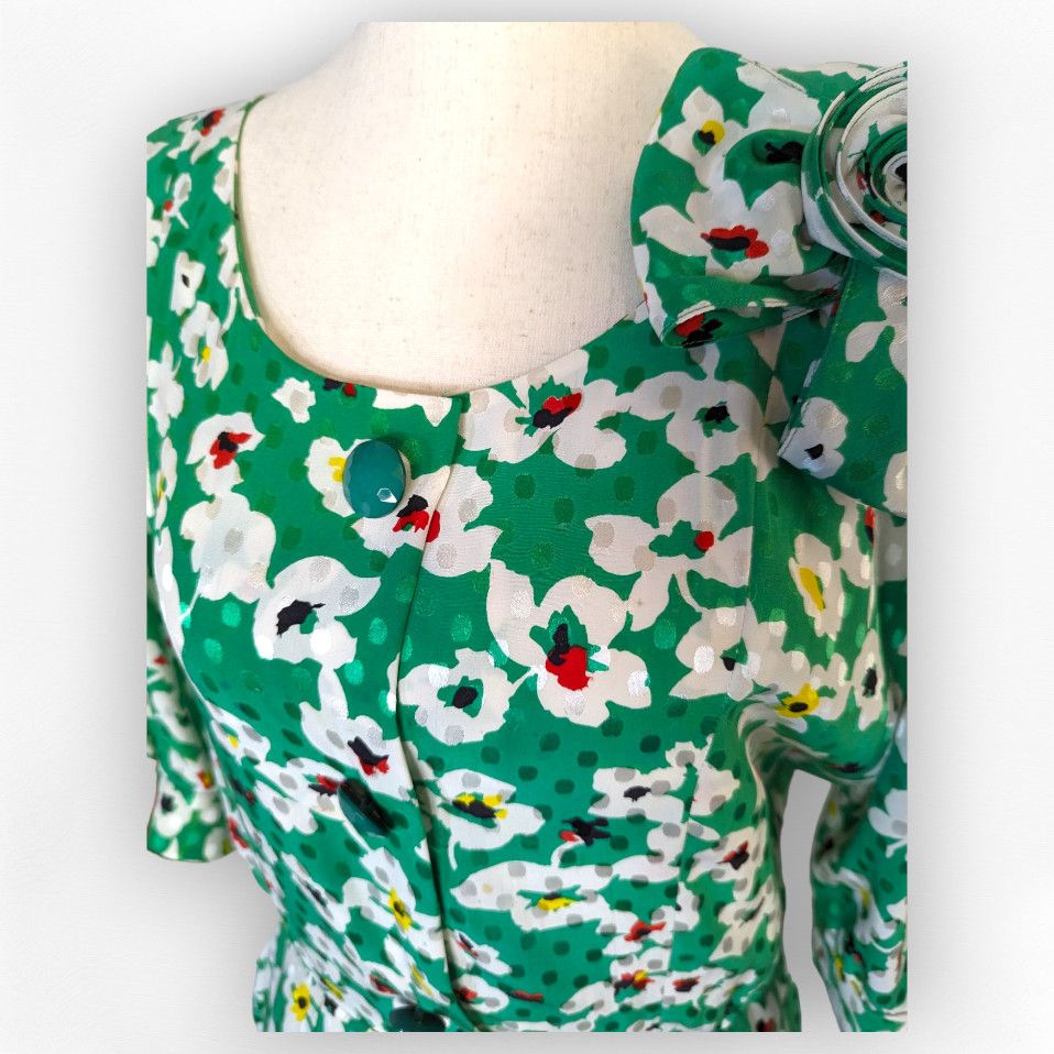 Nina Ricci × Vintage Vintage 80s kelly green floral silk dress sz FR 46 US 12 Size XL / US 12-14 / IT 48-50 - 5 Thumbnail