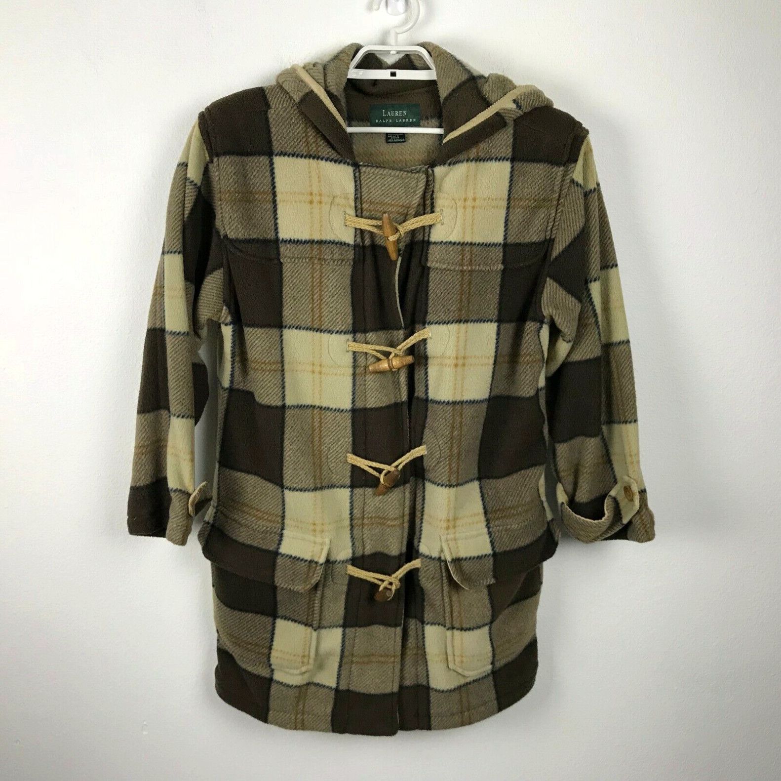 image of Lauren Ralph Laurent Plaid Hooded Duffle Coat Toggle Brown Beige Womens Size M in White