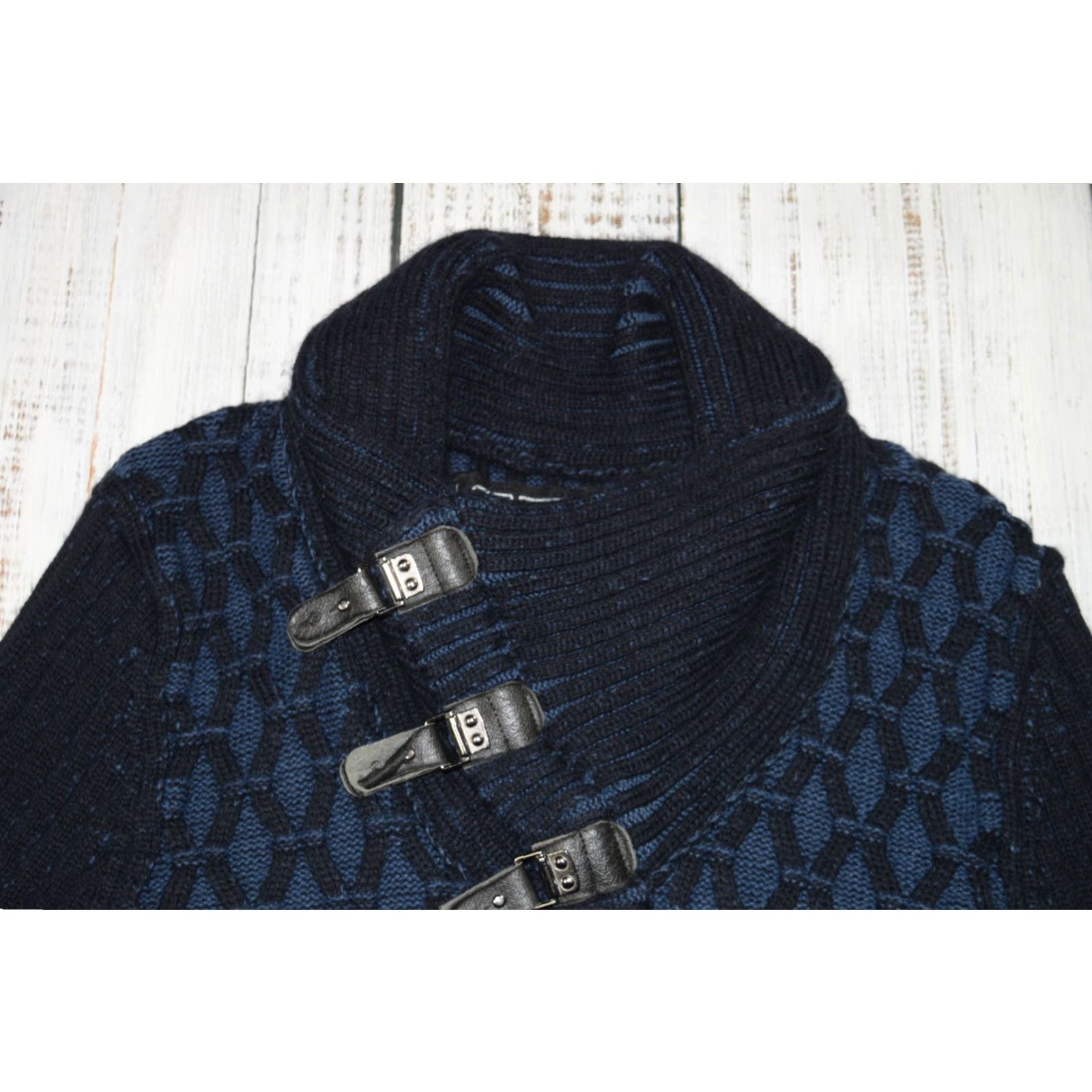 Vintage LCR Luxury Cardigan Sweater XL Navy Blue Chunky Knit Button Buckle Collared Mens Size US XL / EU 56 / 4 - 2 Thumbnail