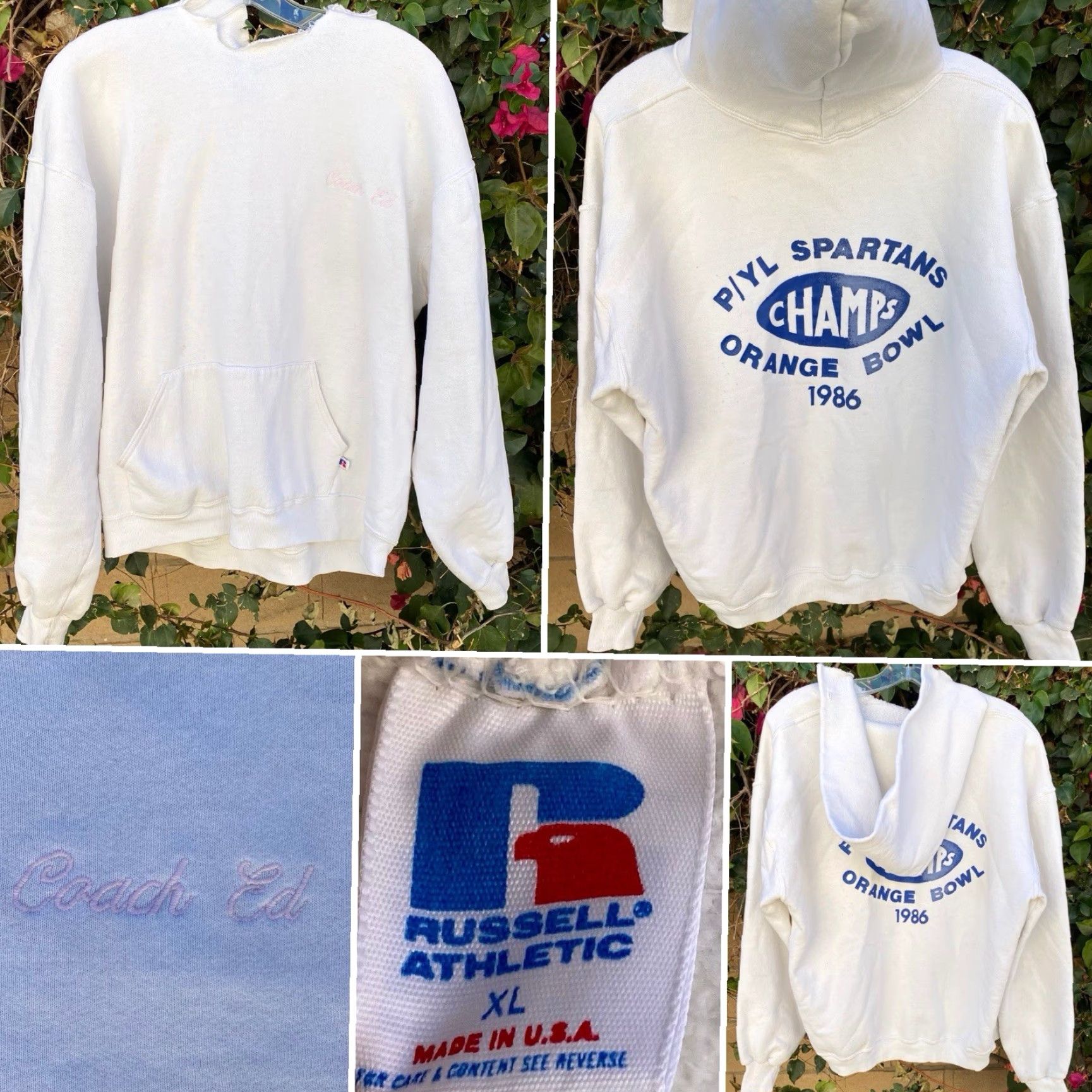 Russell Athletic VINTAGE Russell Athletic Hoodie Mens XL White Graphic Print Spartans Champs Orange Bowl 1986 80s Pullover Long Sleeve Sweatshirt Ed Worn Size US XL / EU 56 / 4 - 2 Thumbnail