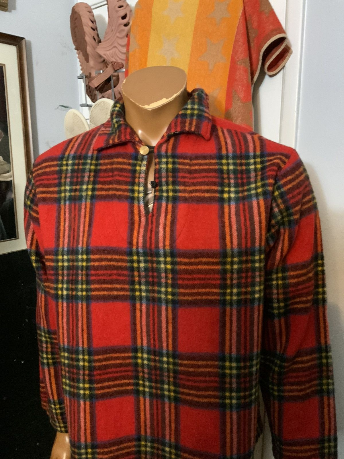 Vintage VTG 50s 60s Fox Knapp Wool Plaid Loop Collar Sweater Shirt Size US M / EU 48-50 / 2 - 8 Thumbnail