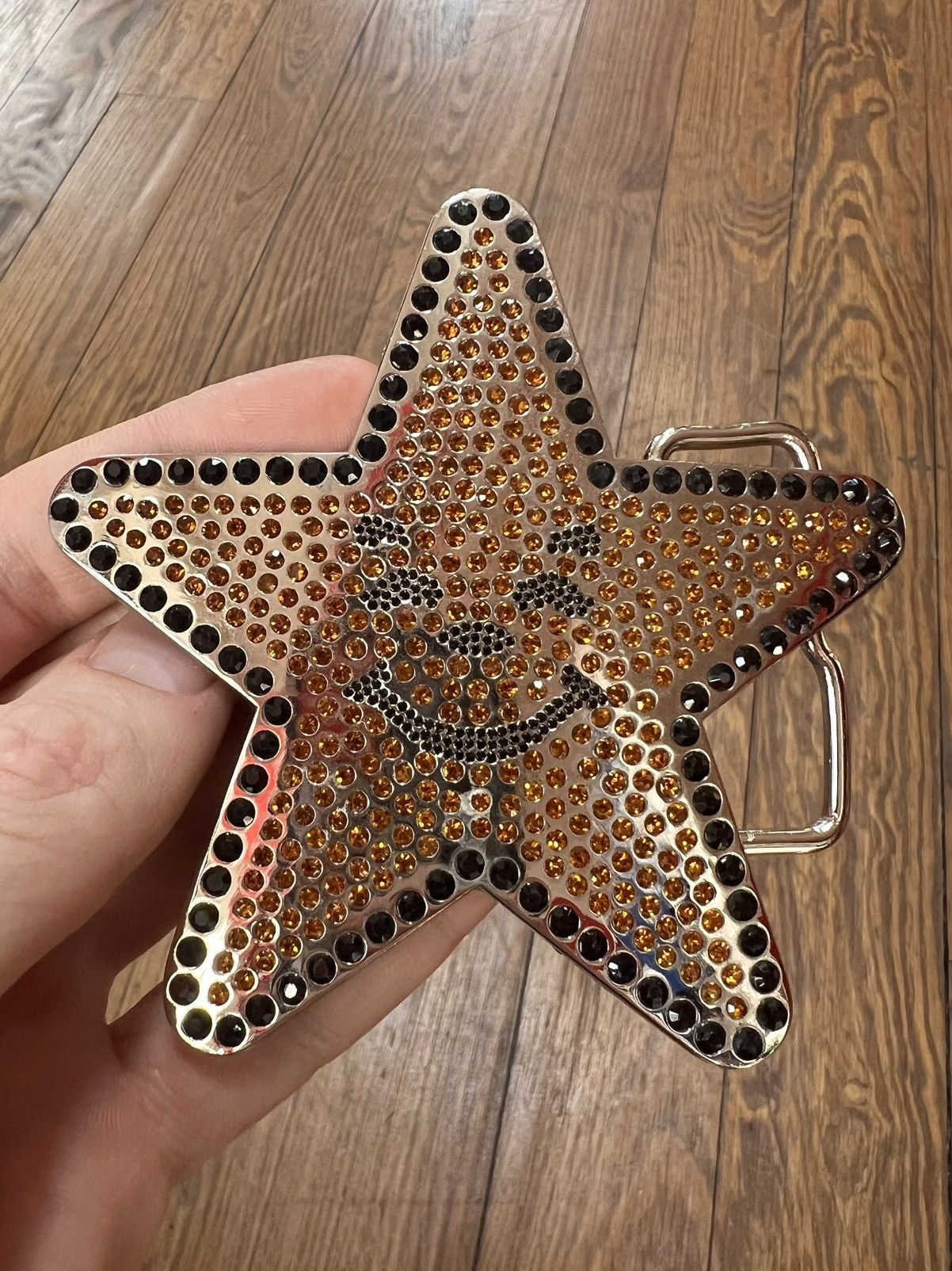 image of Asspizza Rhinestone Studded Belt Buckle in Orange, Men's