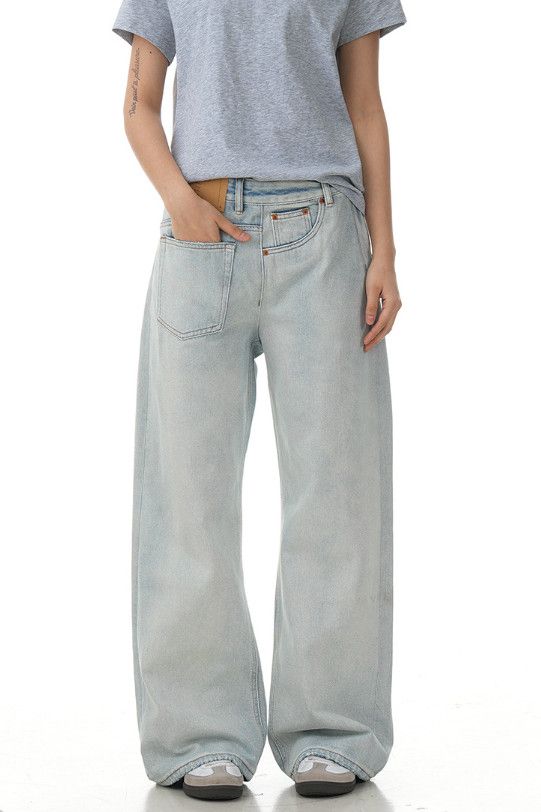 American men's loose trendy casual light-colored jeans