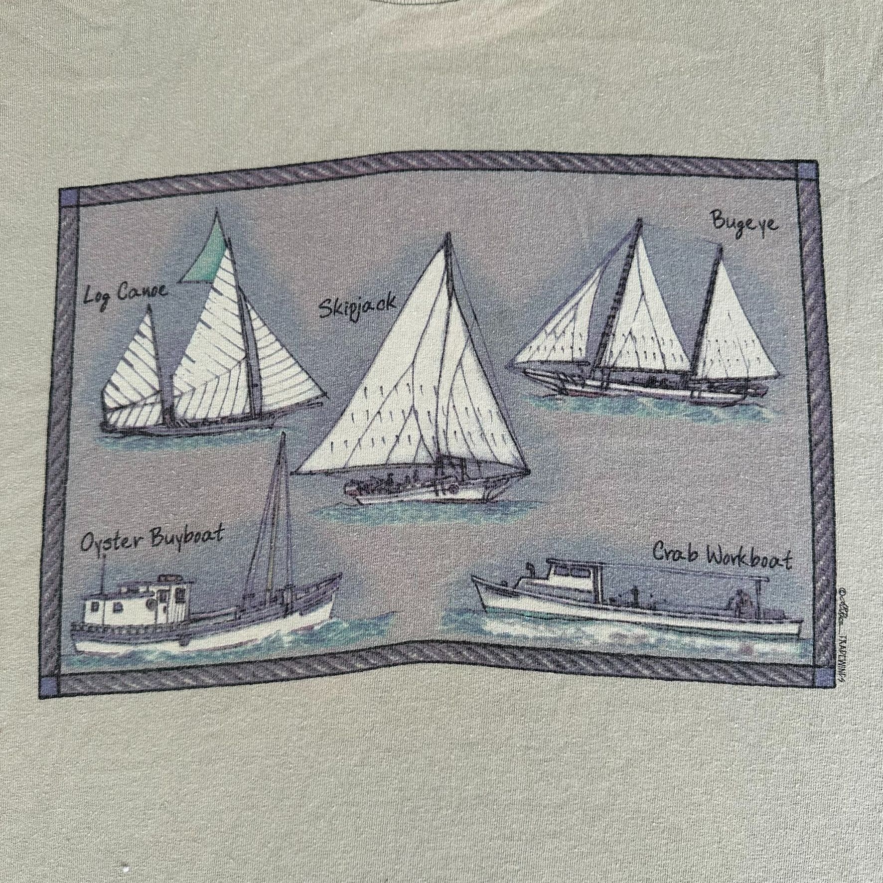 Hanes Vintage Y2K Nautical Sailboats T-Shirt Coastal Preppy Beige Size US L / EU 52-54 / 3 - 2 Thumbnail