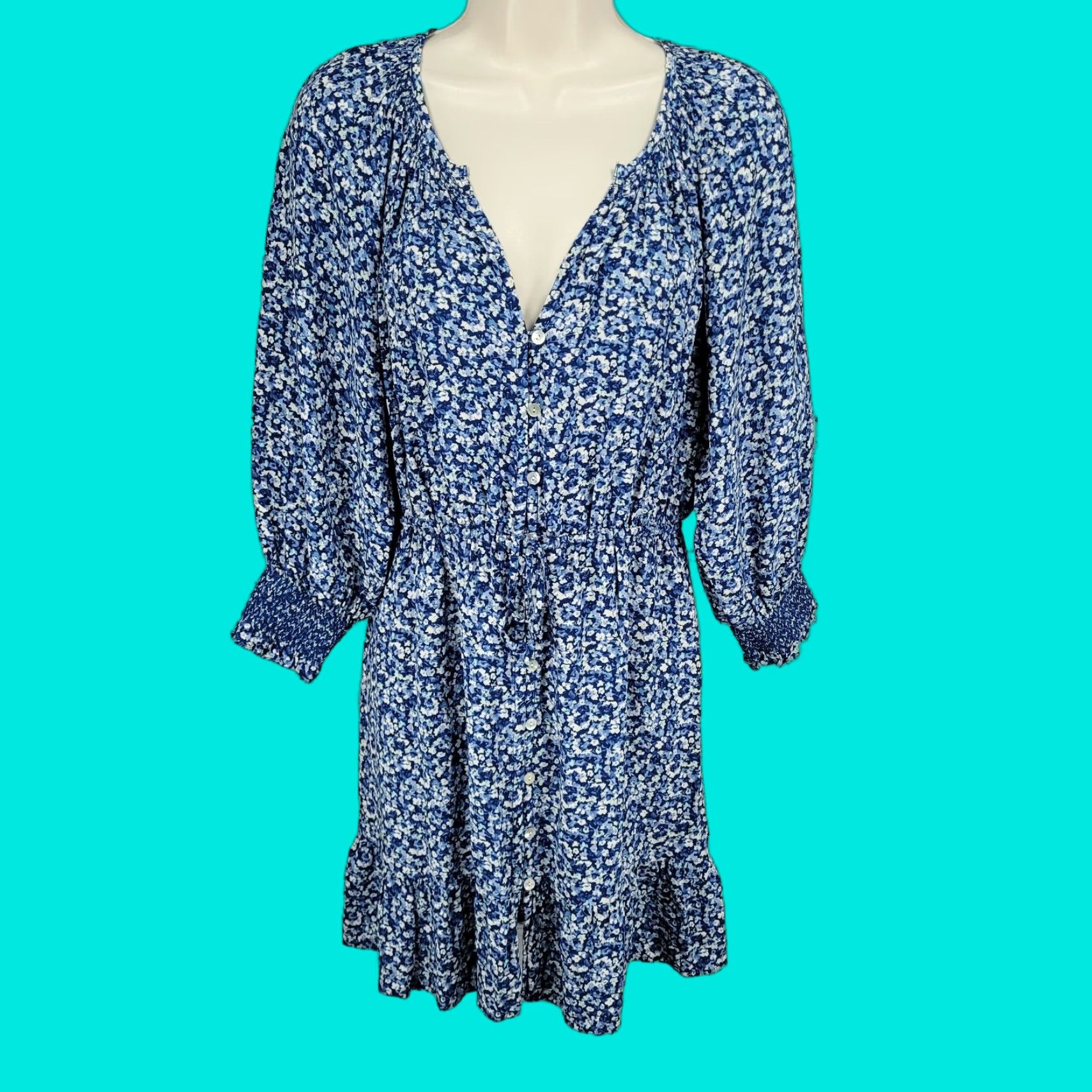 Rails Rails Blue Floral Eliza Chrysanthemum Dress 3/4 Sleeve Tie Waist Unlined Small S Size S / US 4 / IT 40 - 1 Thumbnail