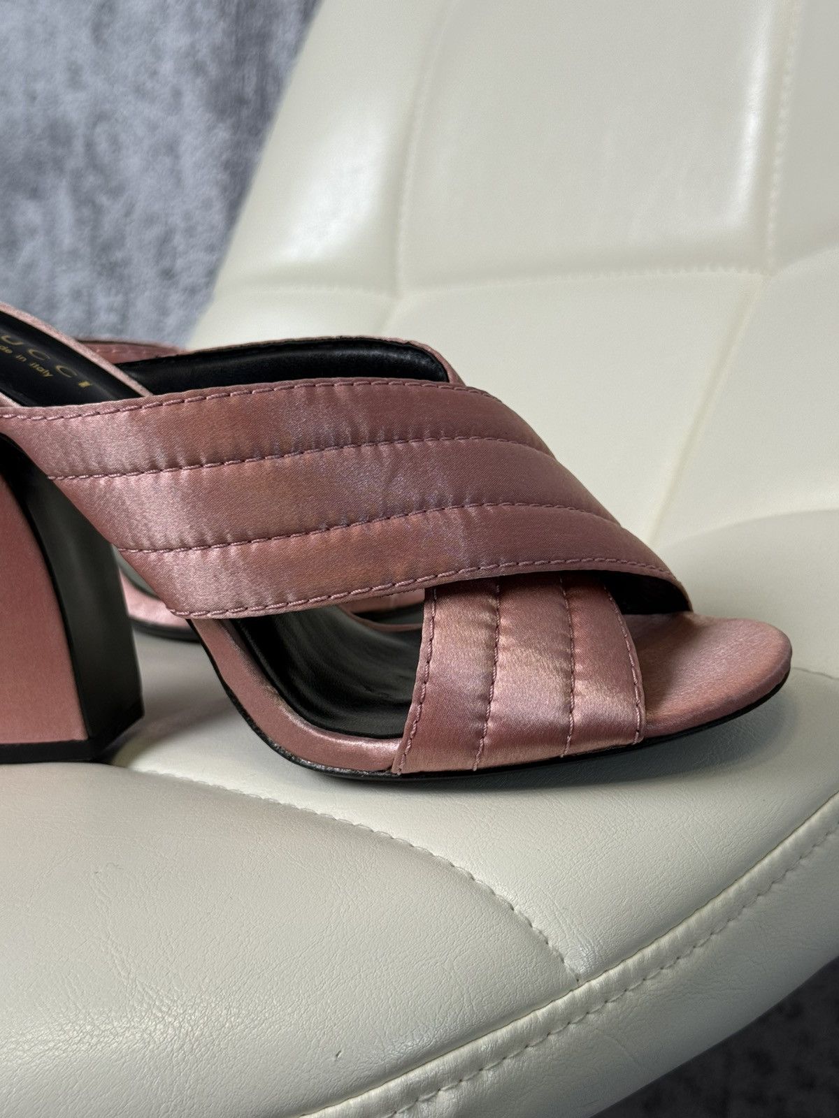 Gucci Gucci Crossover Satin Quilted Mule Sandals Block Heel Slides Size US 9 / IT 39 - 11 Thumbnail
