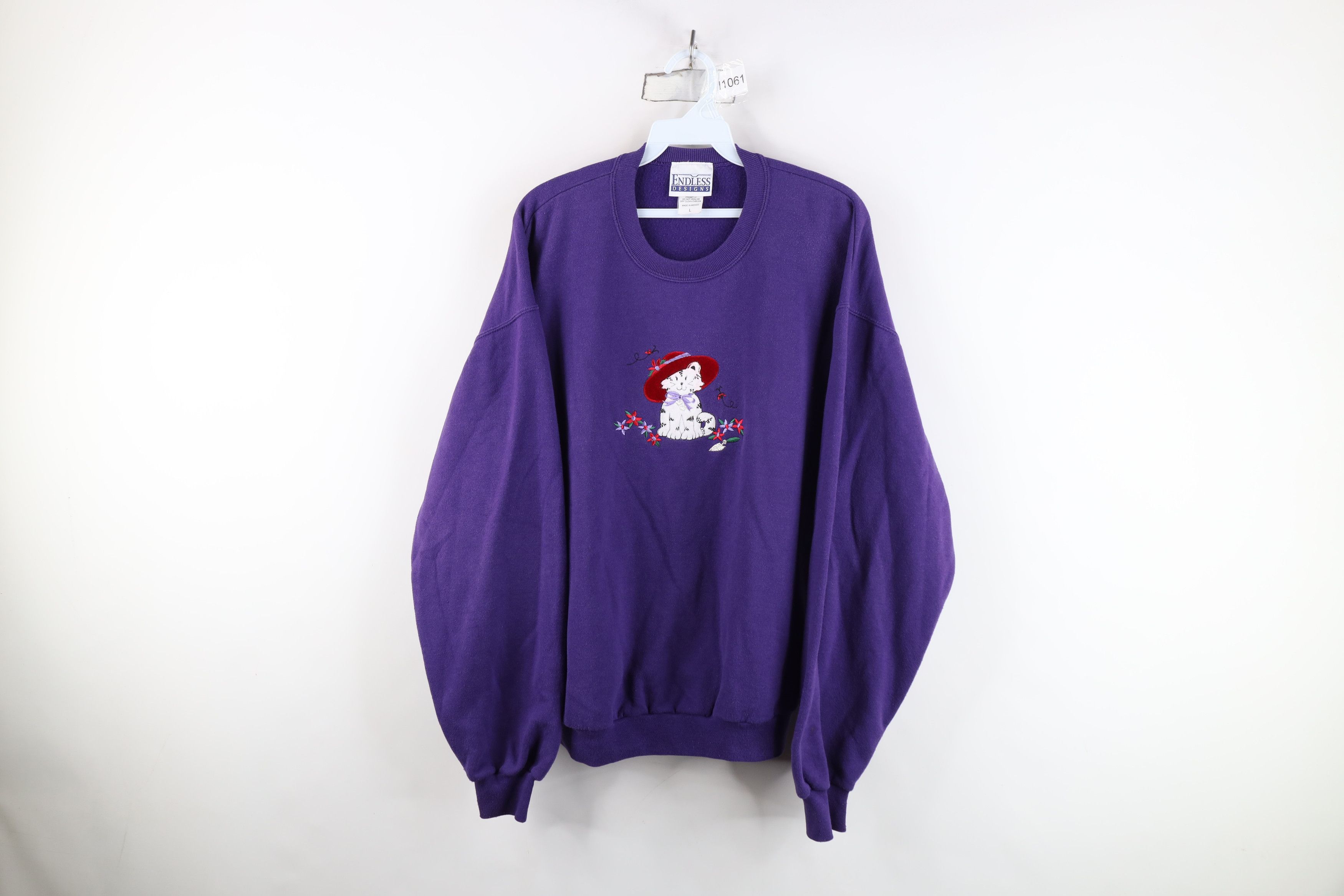 Vintage Vintage 90s Streetwear Kitten Hat Flower Garden Sweatshirt Size L / US 10 / IT 46 - 1 Thumbnail