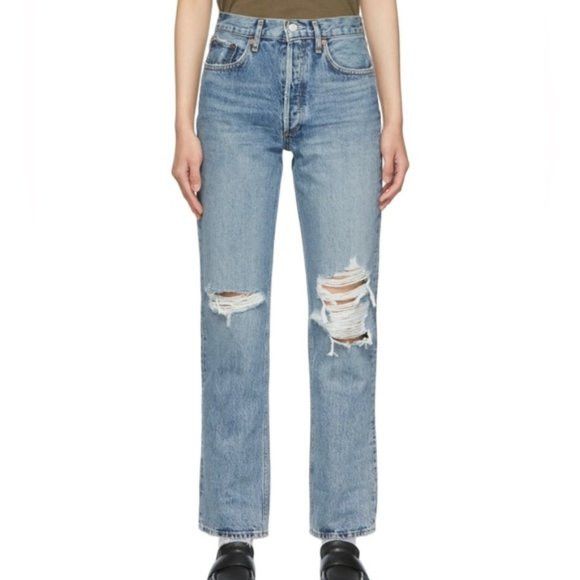 image of Agolde Lana Straight Distressed Jeans - 23" in Blue, Women's
