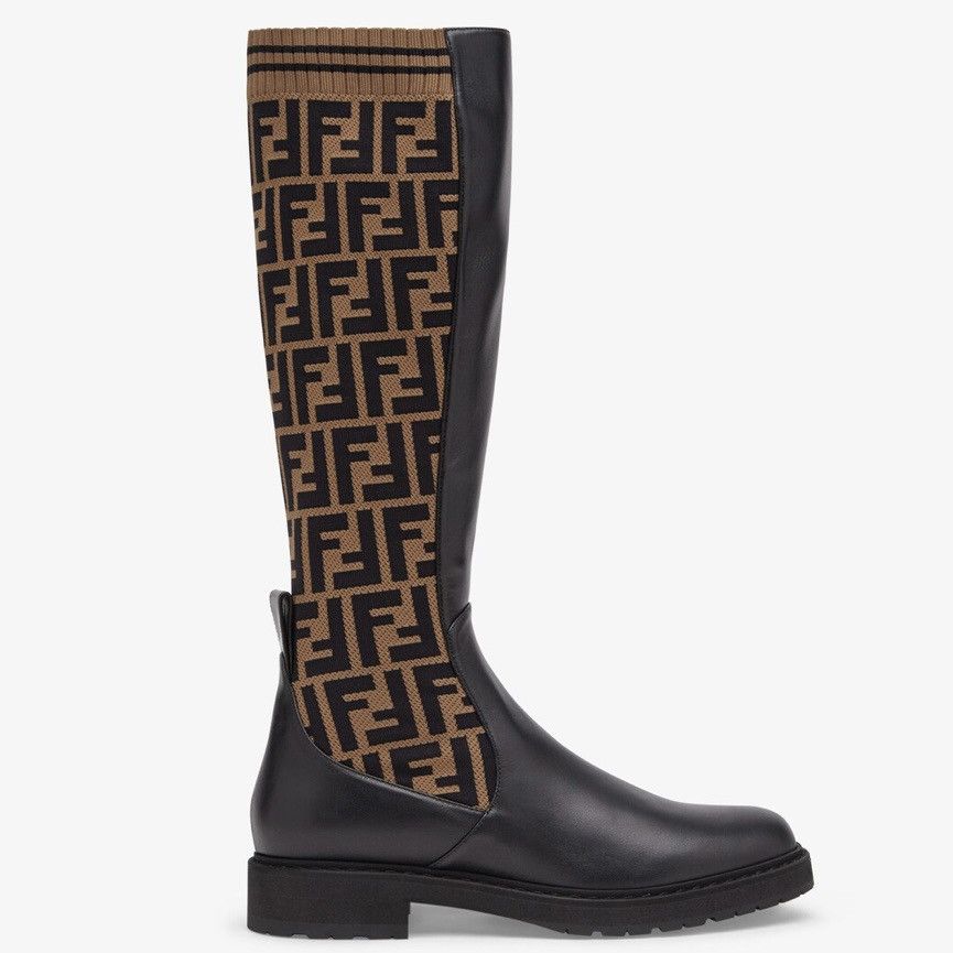 image of Fendi Rockoko Ff Logo Stretch Knit Leather Tall Boots in Black, Women's (Size 5)