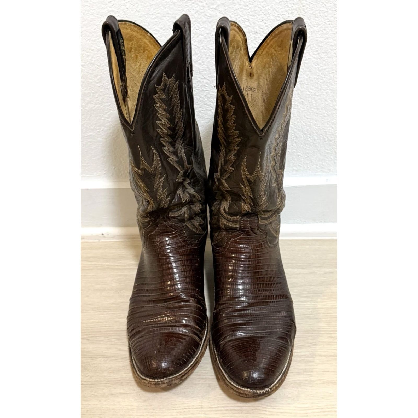Dan Post VINTAGE Dan Post 16862 Boots Mid-Calf Brown Lizard Cowboy Leather Western Men 9.5D - 16862, Embroidered, Leather, Comfort, Cushioned, USA Size US 10 / EU 43 - 2 Thumbnail