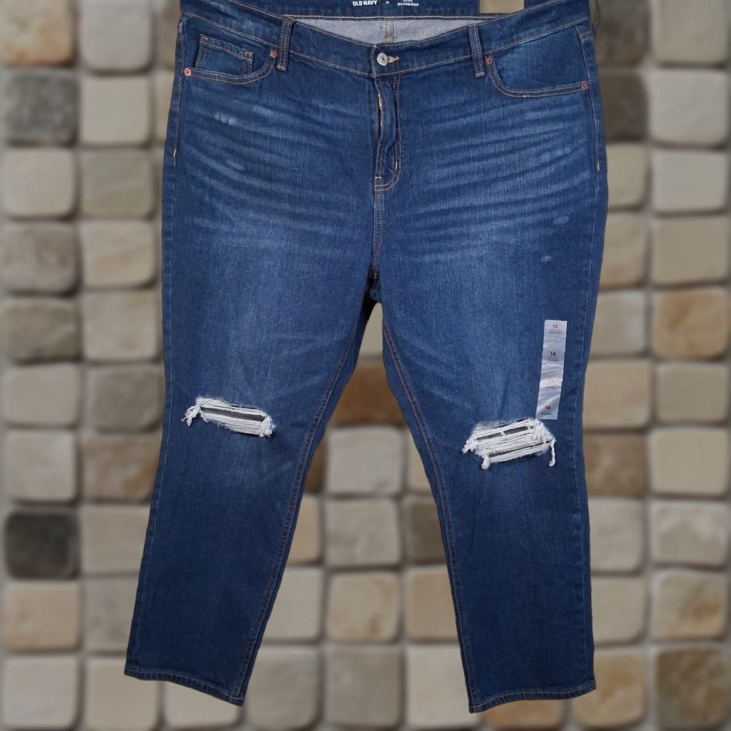 Old Navy Old Navy Boyfriend Jeans Size 18 Mid Rise Distressed Holes Blue Stretch Denim Model Size 40" / US 18 - 1 Thumbnail