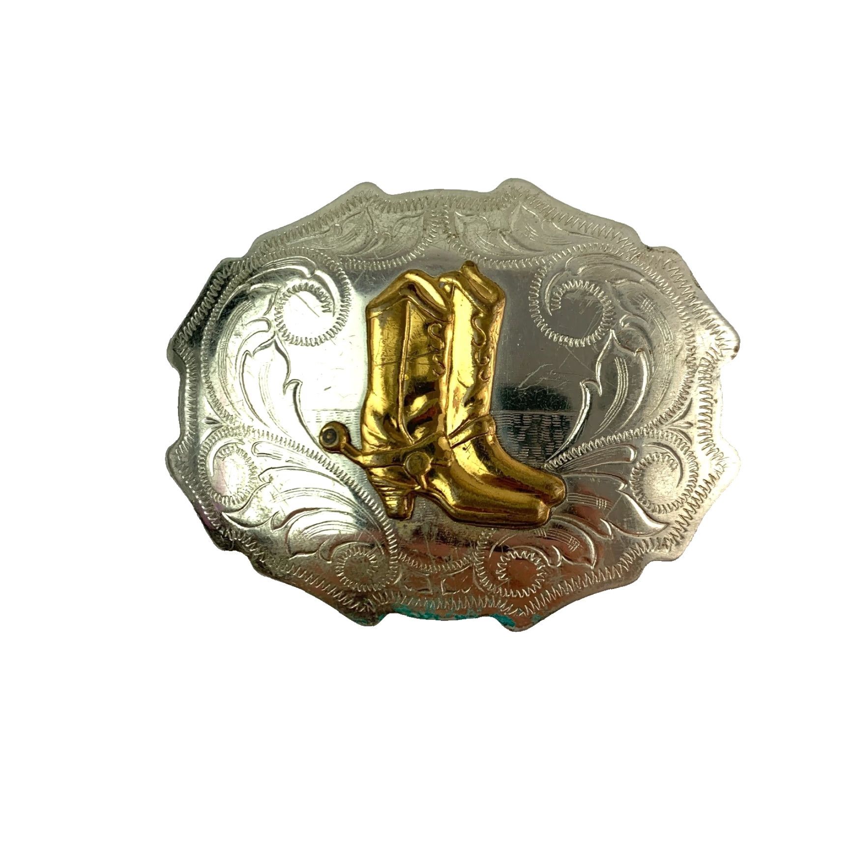 Vintage VINTAGE Nickel Silver Two Tone Boots Etched Metal Belt Buckle Belt Buckle Mens Western Buckle, Metal, Etched, Vintage, Unbranded, Size Unknown Size ONE SIZE - 2 Thumbnail