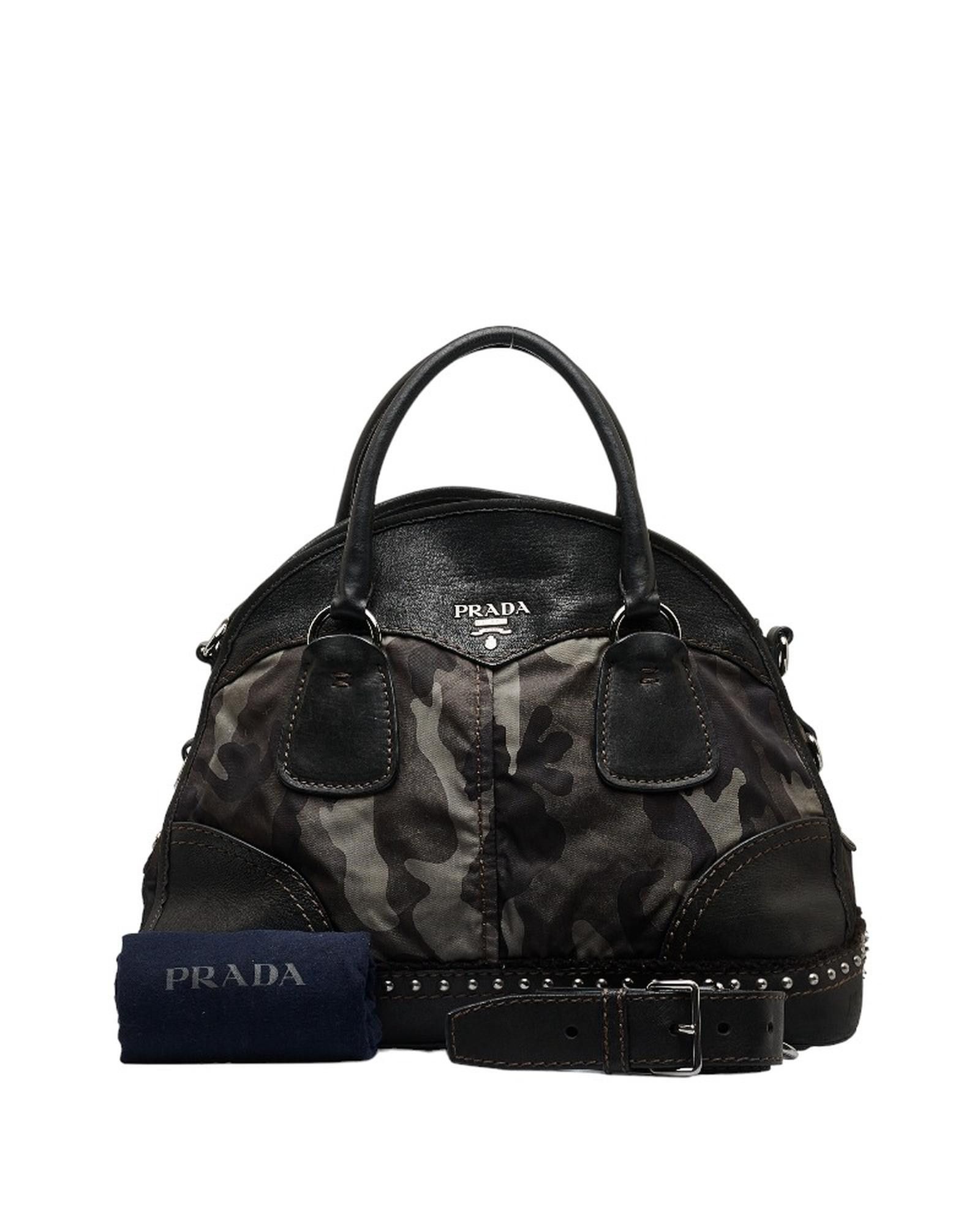 image of Prada Brown Camouflage Leather Bowler Bag, Women's