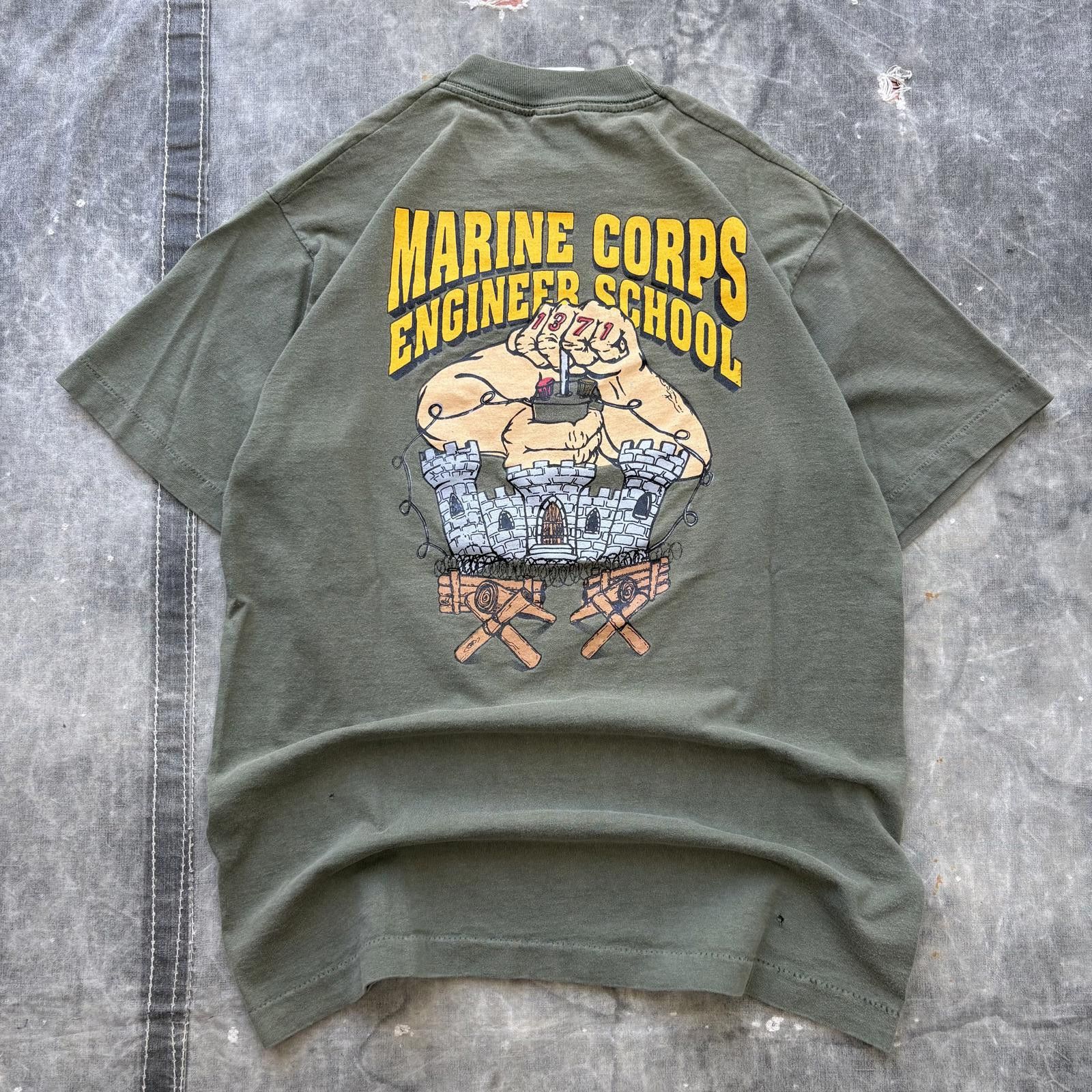 Fruit Of The Loom Vintage 90s Olive Green Marine Corps Engineer Skull Shirt Size US M / EU 48-50 / 2 - 1 Thumbnail