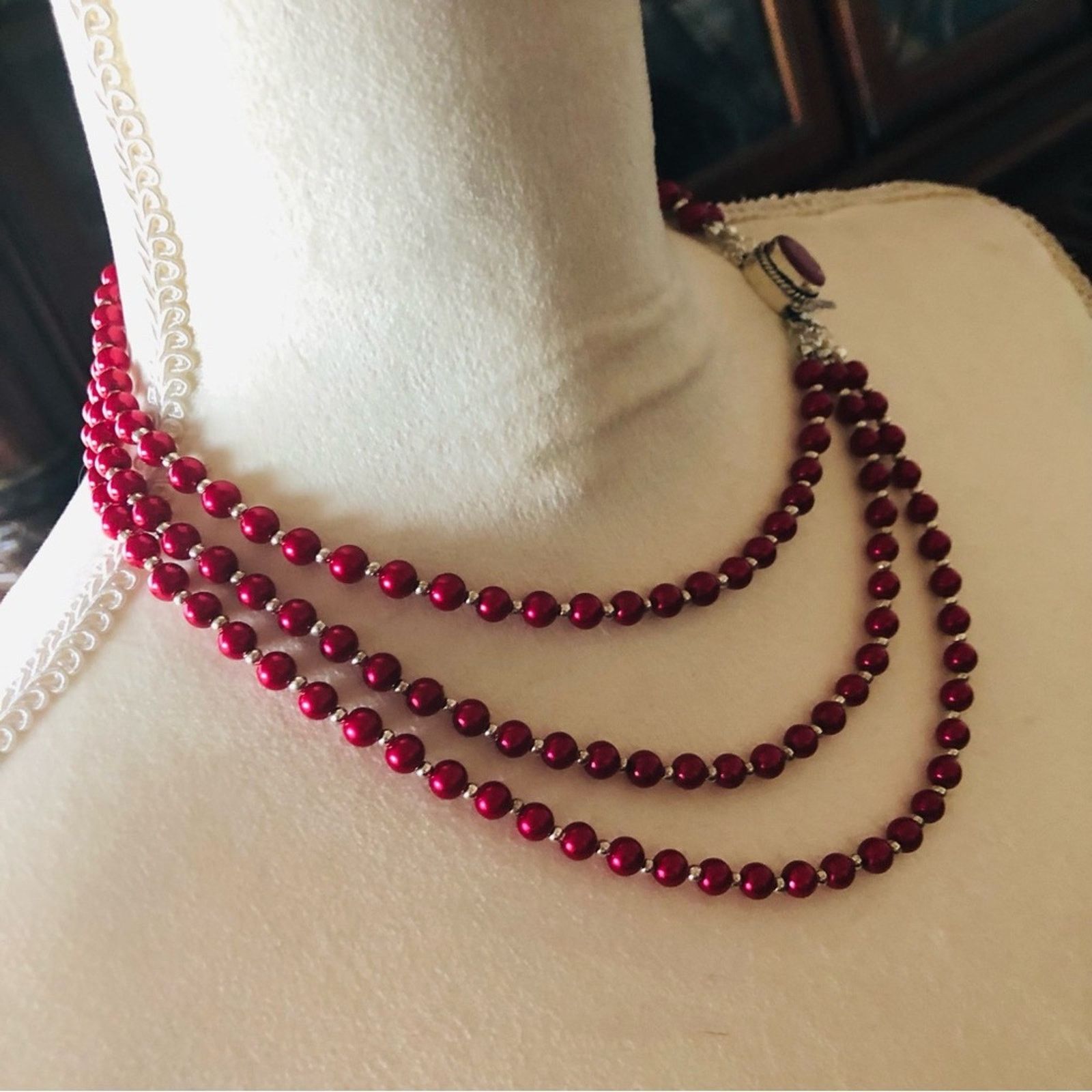 Handmade Handcrafted triple strand red Pearl genuine ruby cneckla Size ONE SIZE - 3 Thumbnail