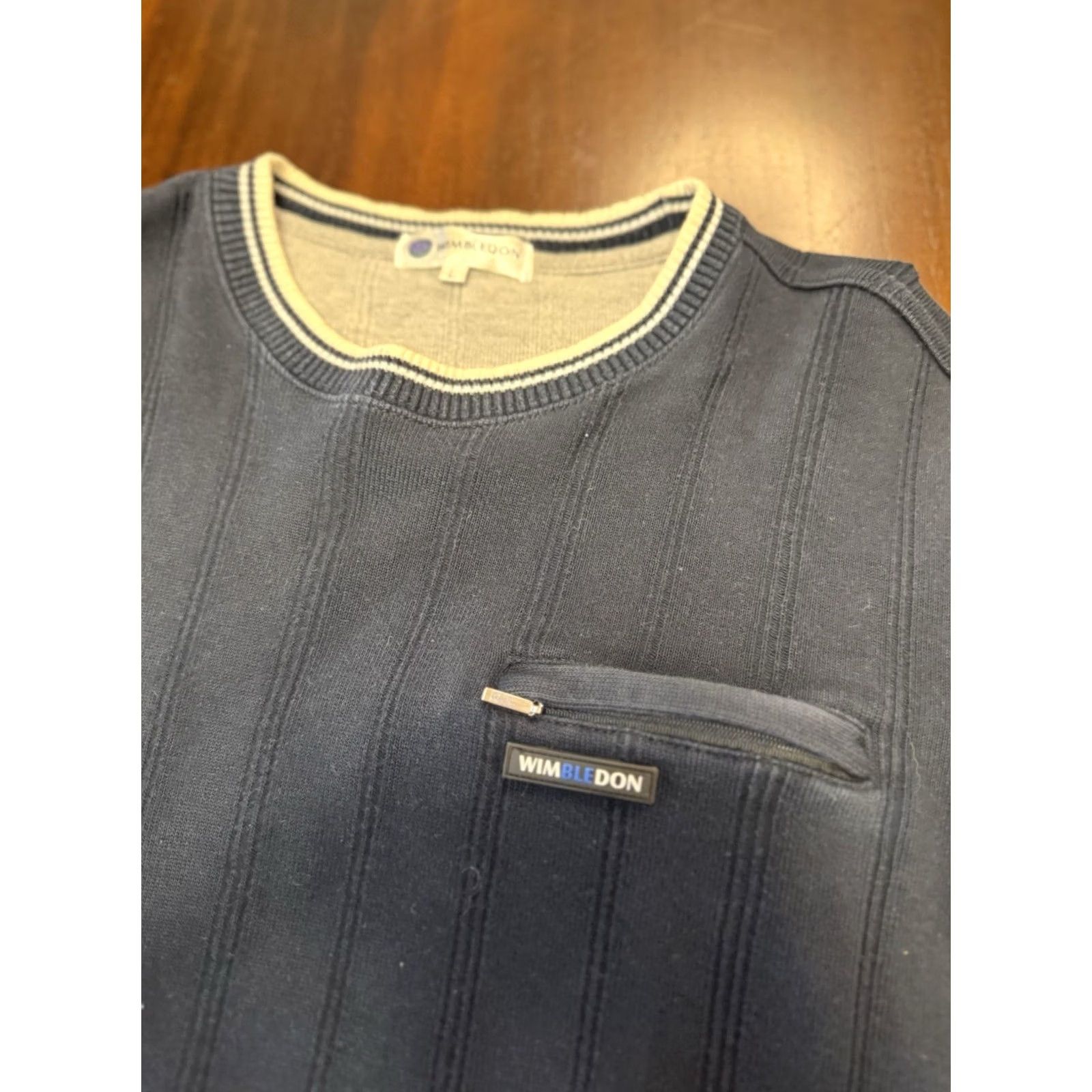 Vintage Wimbledon Sweater Cable-Knit Zip Pocket Navy Blue L Mens/Unisex Adults Crew Neck Pullover Tennis Long Description Size US L / EU 52-54 / 3 - 4 Thumbnail