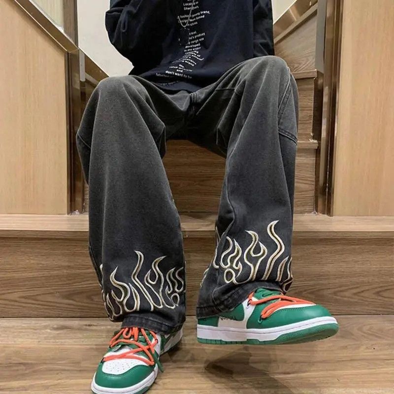 Japanese Brand × Jean Flame Embroidery Jeans Wide Leg Denim Jeans Baggy Size US 29 - 2 Thumbnail