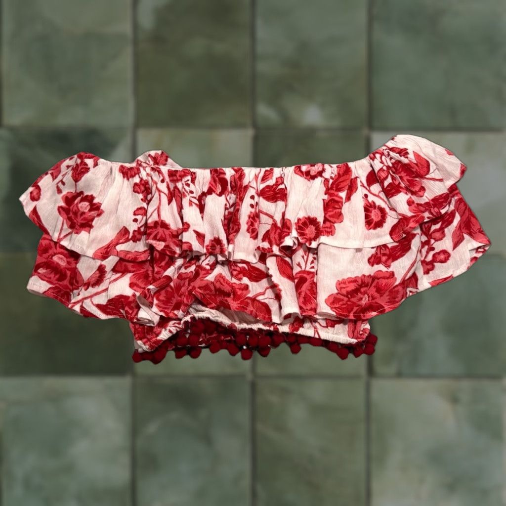 Vintage VINTAGE Lovers and Friends Women's Crop Top Off The Shoulder Floral Ruffle Sleeveless Summer Fall Spring Red Small Size S / US 4 / IT 40 - 1 Thumbnail