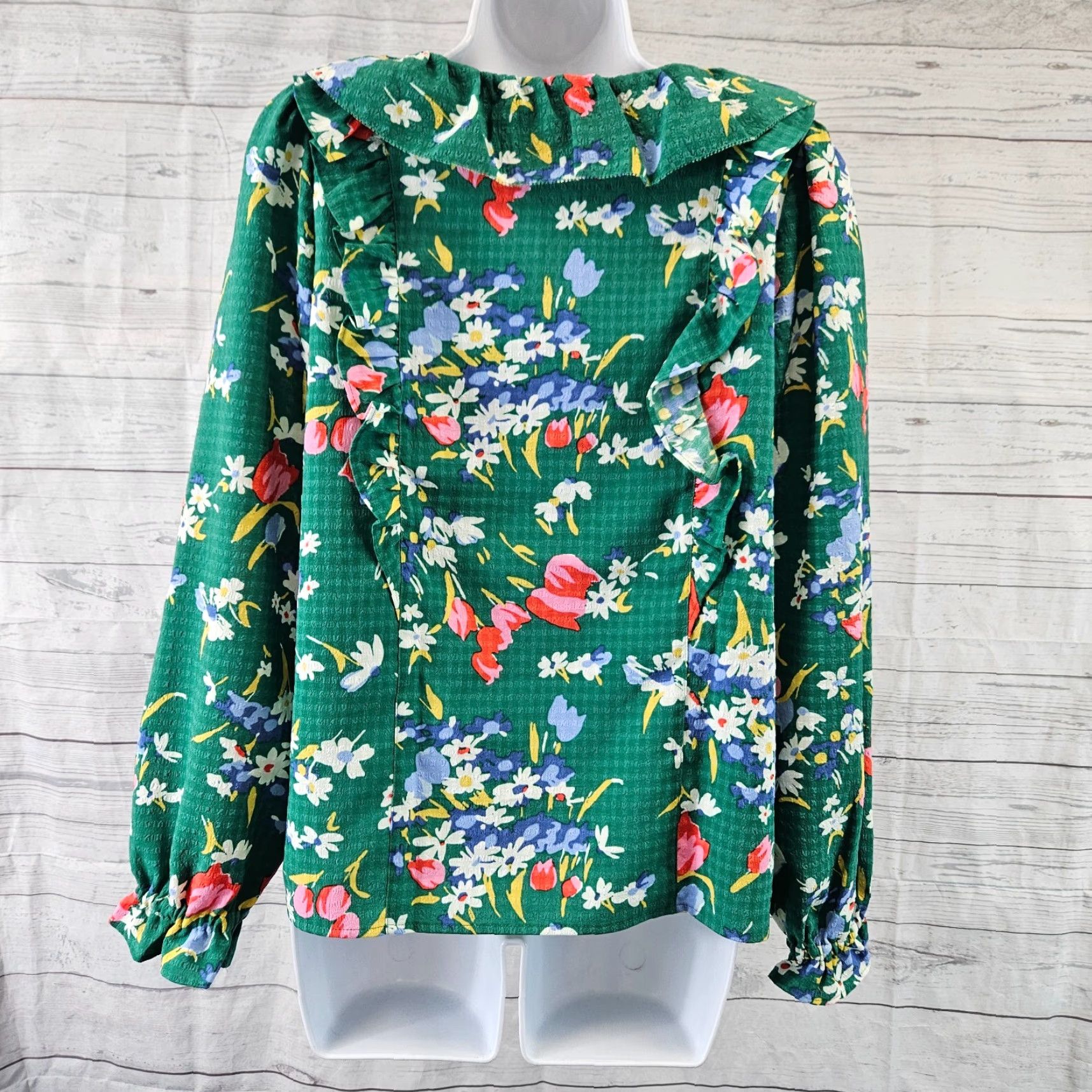 Loft Ann Taylor LOFT Womens Top XS Green Pink Floral Ruffle Long Sleeve Blouse Polyester Spandex Size XS / US 0-2 / IT 36-38 - 4 Thumbnail