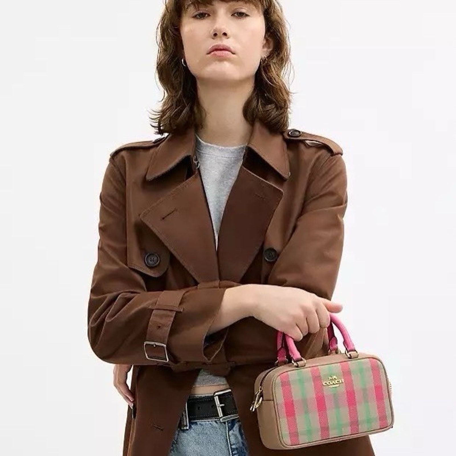 Coach NWT COACH Satchel Crossbody Bag With Plaid Gold/Pink cbi90 Size ONE SIZE - 7 Thumbnail