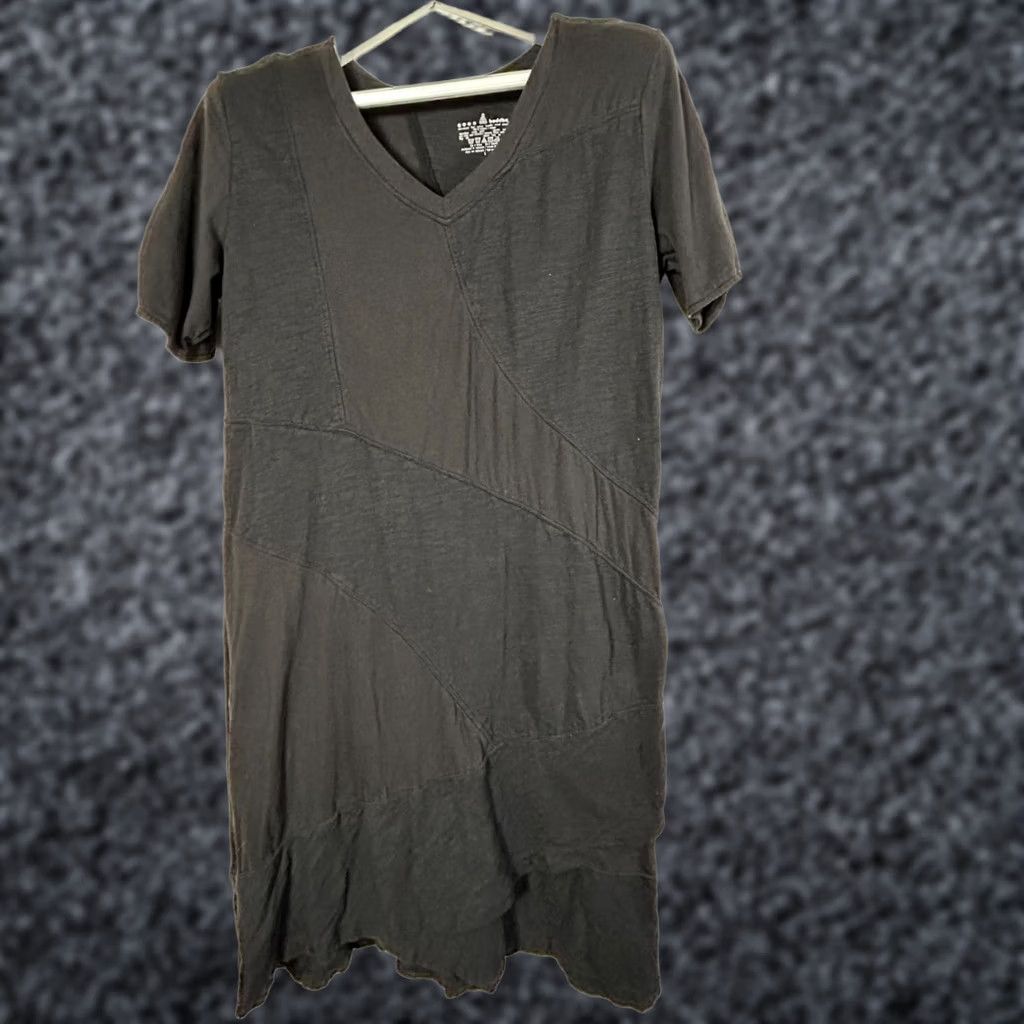Vintage Neon Buddha V-Neck Short Sleeve Patchwork Black Asymmetric Tunic Dress Large Size 36" / US 14 / IT 50 - 1 Thumbnail