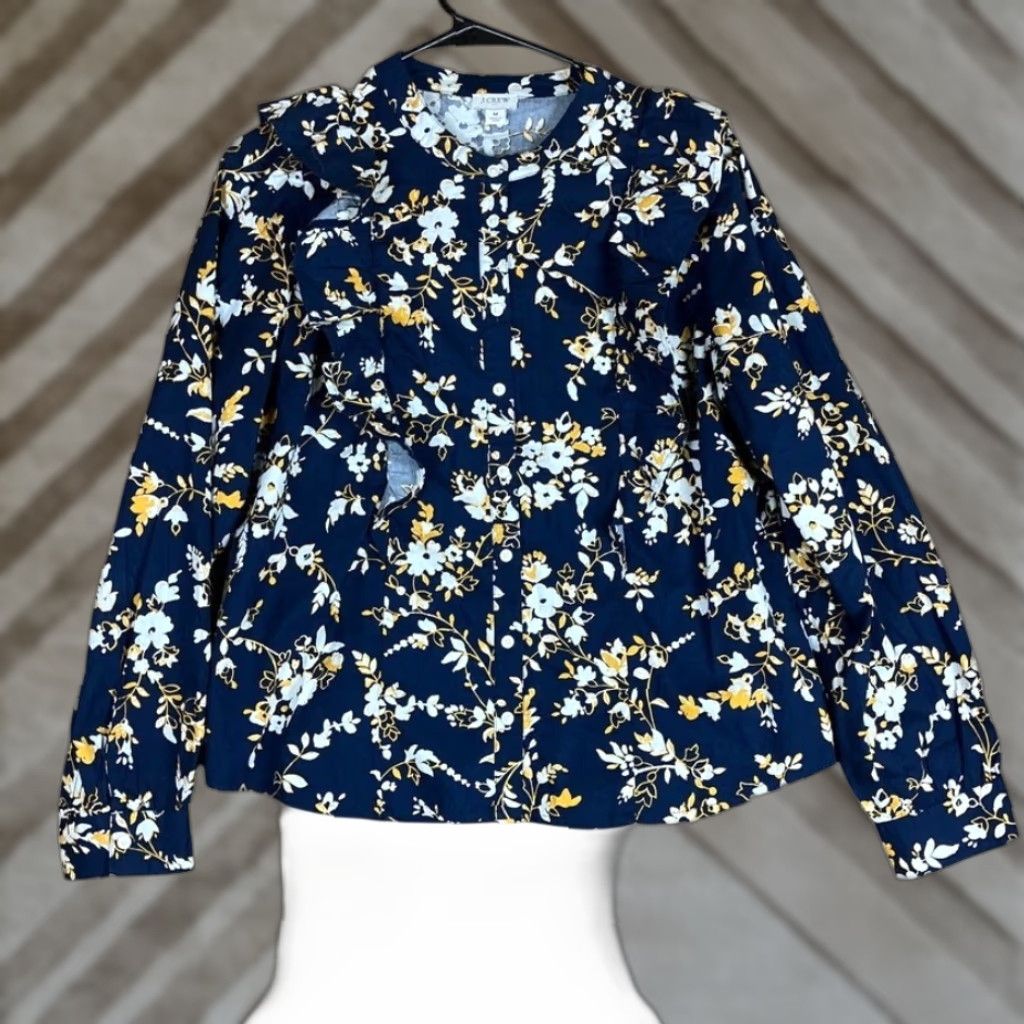 J.Crew J. Crew Blouse Womens Blue Multicolored Floral Ruffle Button Down Long Sleeve M Shirt Size M / US 6-8 / IT 42-44 - 1 Thumbnail