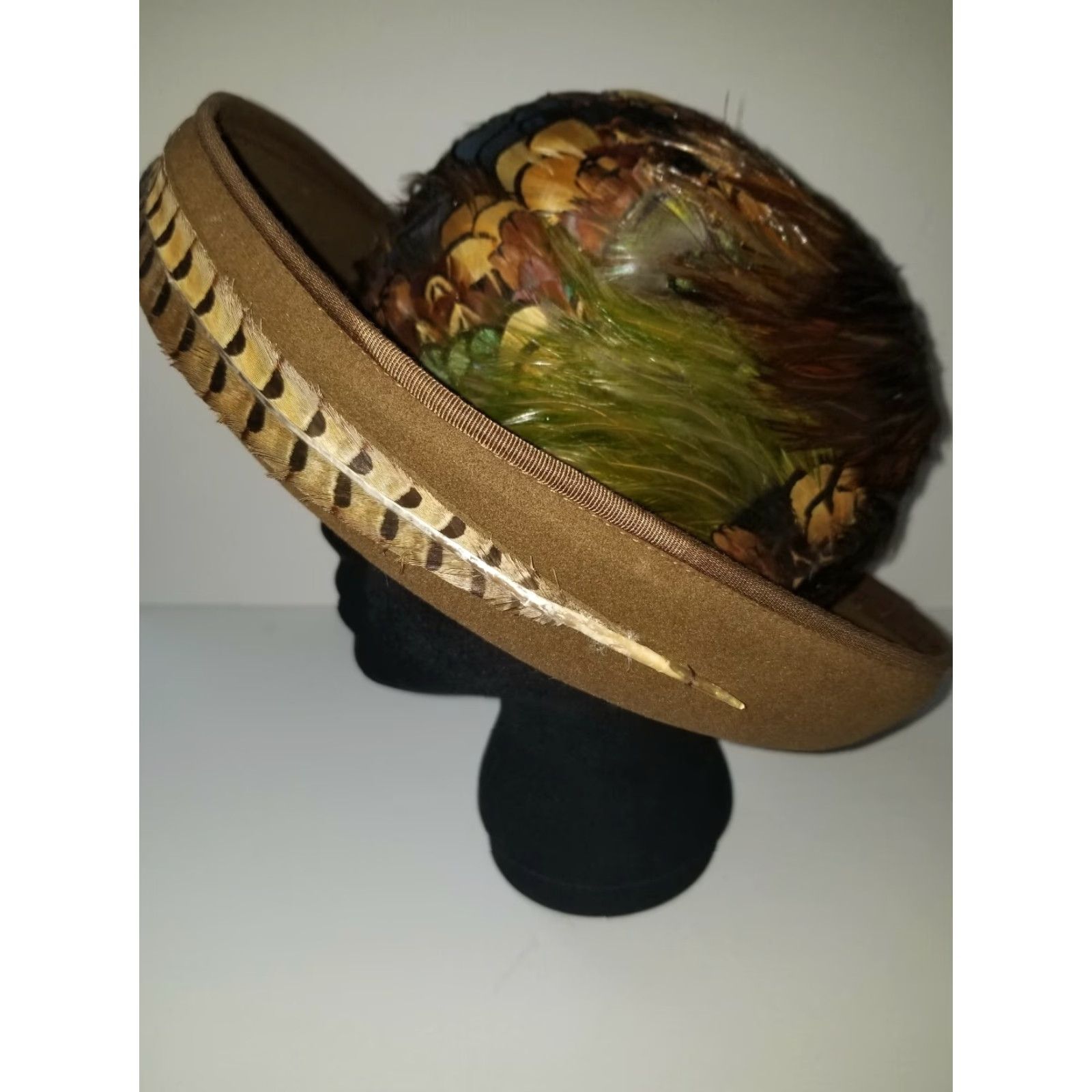 Vintage VINTAGE Mr. John Brown Hat Brown Feathers Ostrich Quail 1960s Cocktail Hat Adult One Size" Size ONE SIZE - 4 Thumbnail