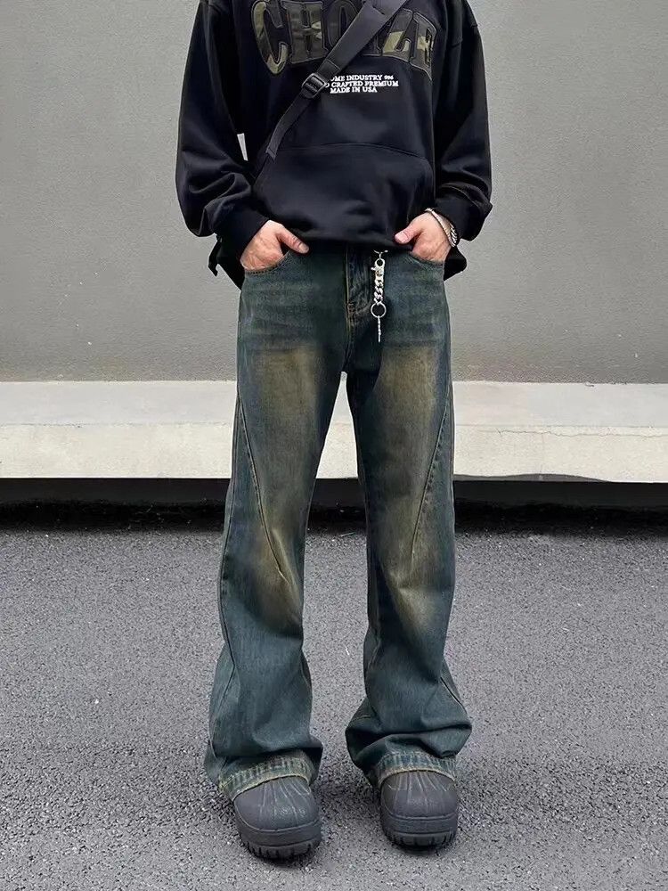 image of Vintage Washed Distressed Mud-Dyed Micro-Flared Jeans in Vintage Blue, Men's (Size 32)