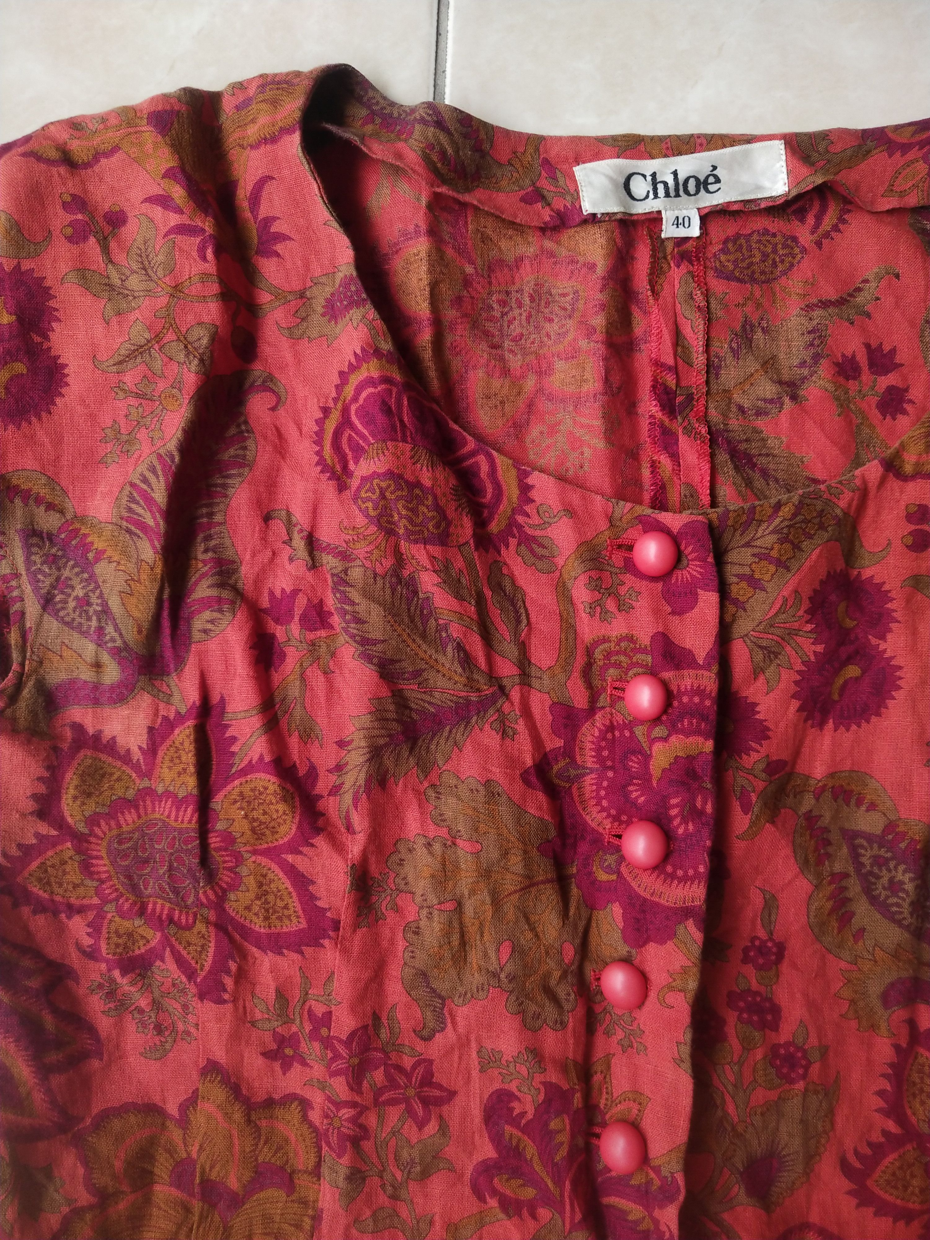 Chloe Vintage 90s Chloe Paris Red Floral Fitted Linen Blouse Size M / US 6-8 / IT 42-44 - 2 Thumbnail