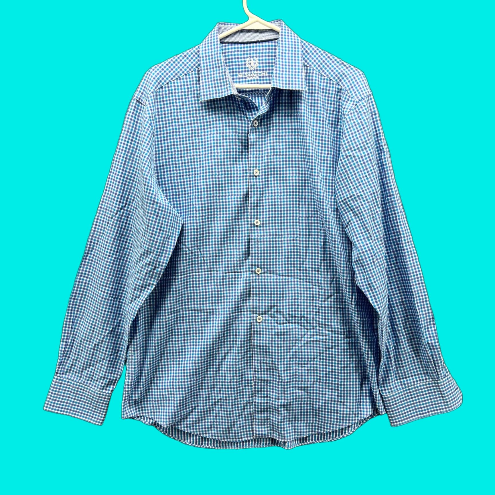 BUGATCHI VINTAGE Bugatchi Uomo Dress Shirt Mens 16.5 34/35 Blue Check Gingham Button Down Shirt Mens Regular Large? Size 46R - 1 Thumbnail