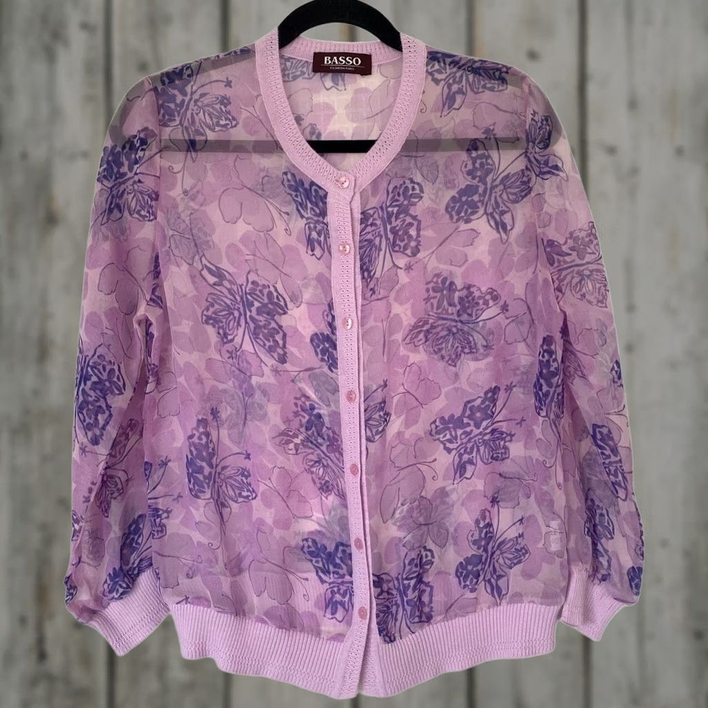Vintage Independent Sheer Purple Butterfly Light Button Down Long Sleeve Cardigan - Size M/L Women Button-Upווי Size M / US 6-8 / IT 42-44 - 1 Thumbnail