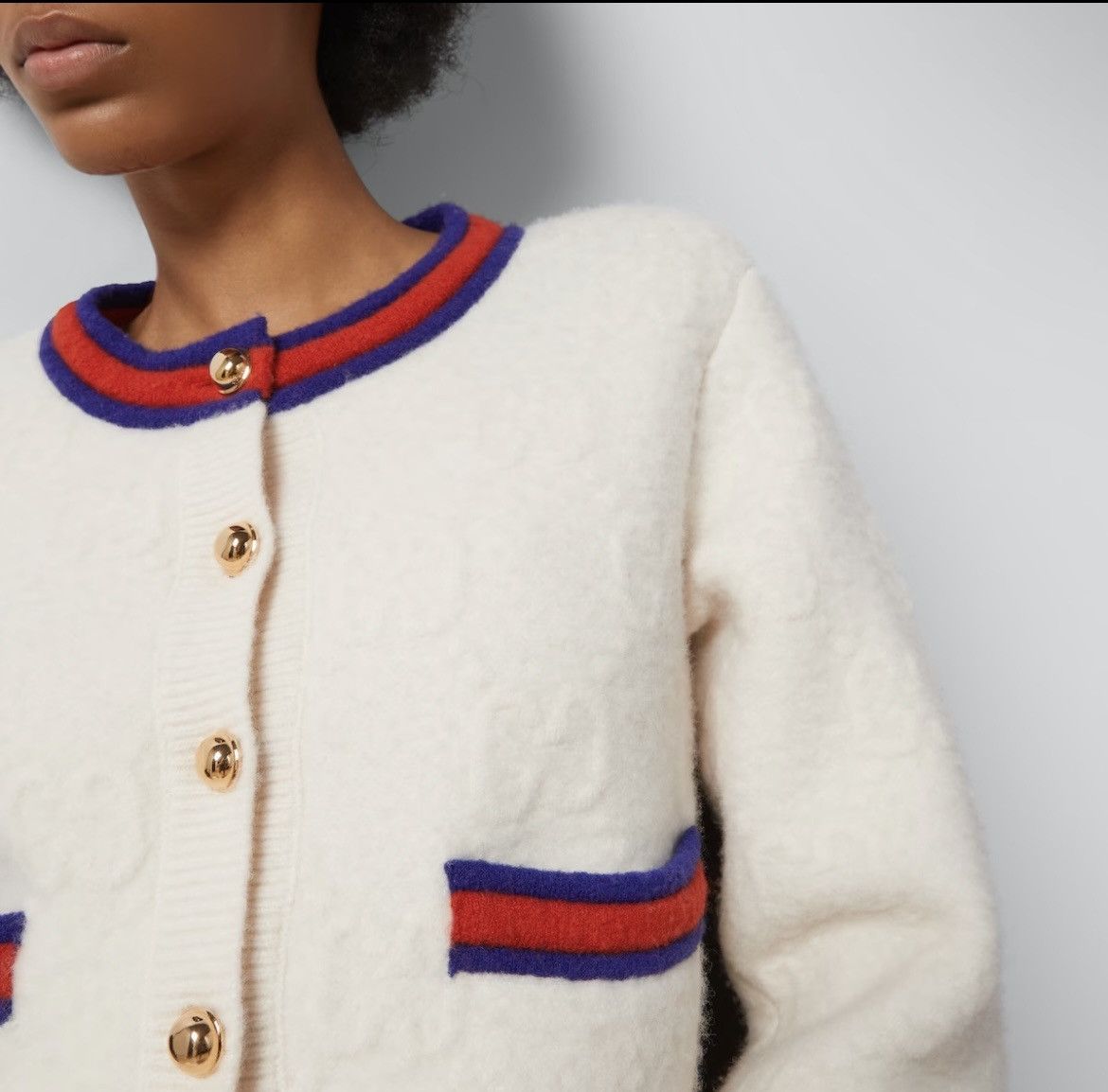 Gucci Gucci Felted GG Fine Wool Cardigan Ivory/Blue/Red Size M Size M / US 6-8 / IT 42-44 - 2 Thumbnail
