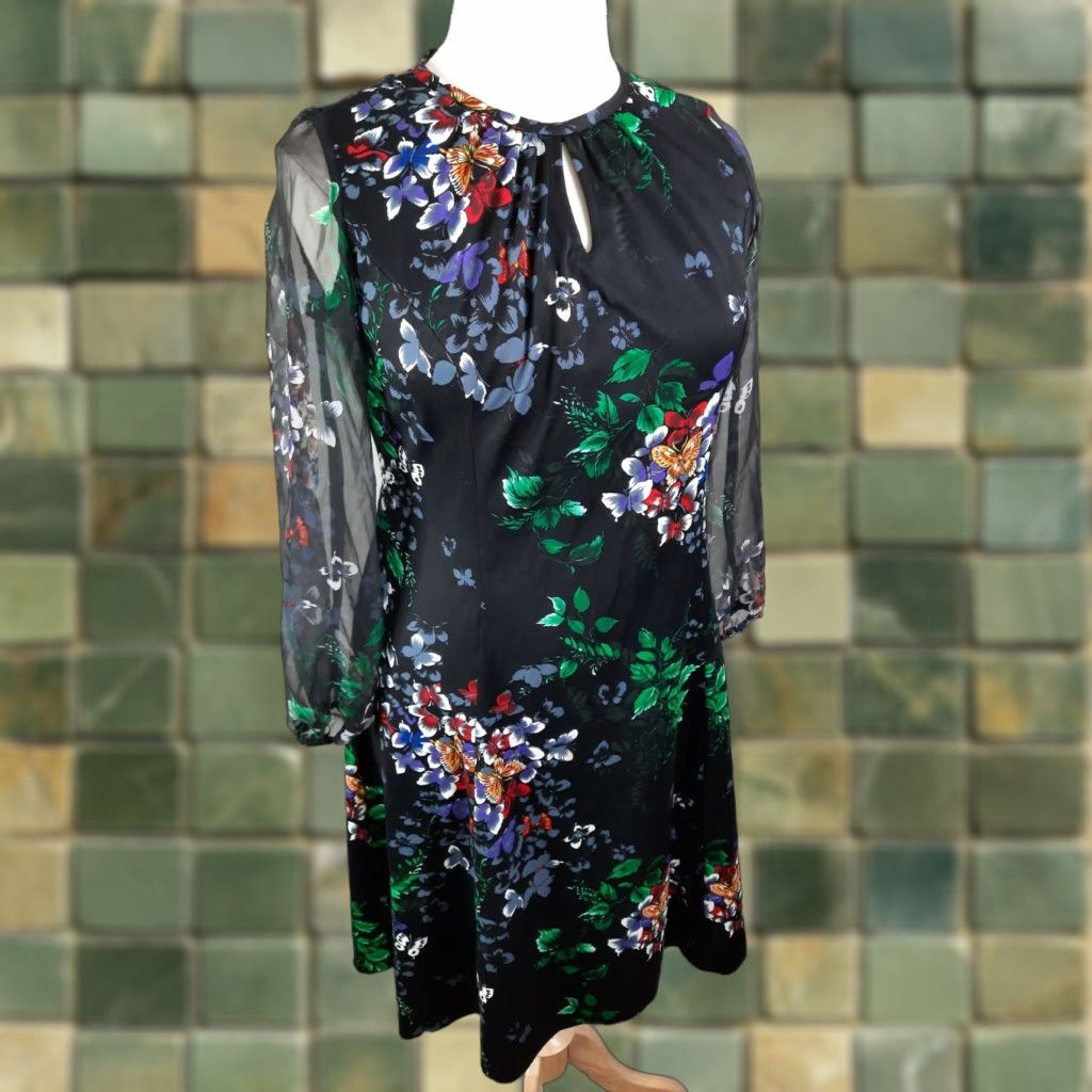 Vintage D2S Vtg mod Floral butterfly sheer Sleeve Sheath Dress L/XL Black Size L / US 10 / IT 46 - 1 Thumbnail