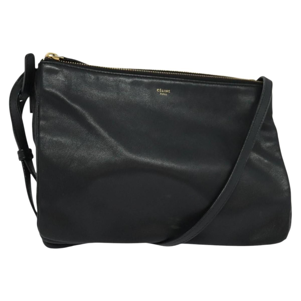 Celine Trio Shoulder Bag Leather Black Gold Auth 121836, Women's