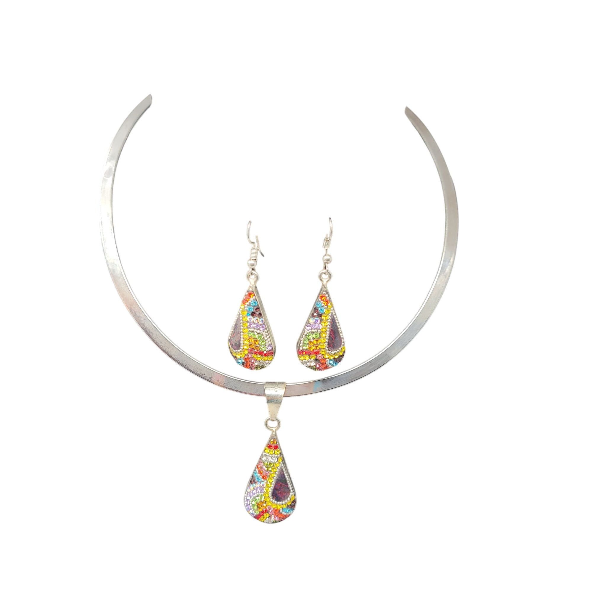 Handmade Artisan 925 Teardrop Multicolor Micro Mosaic Crystal Torque Size ONE SIZE - 20 Thumbnail