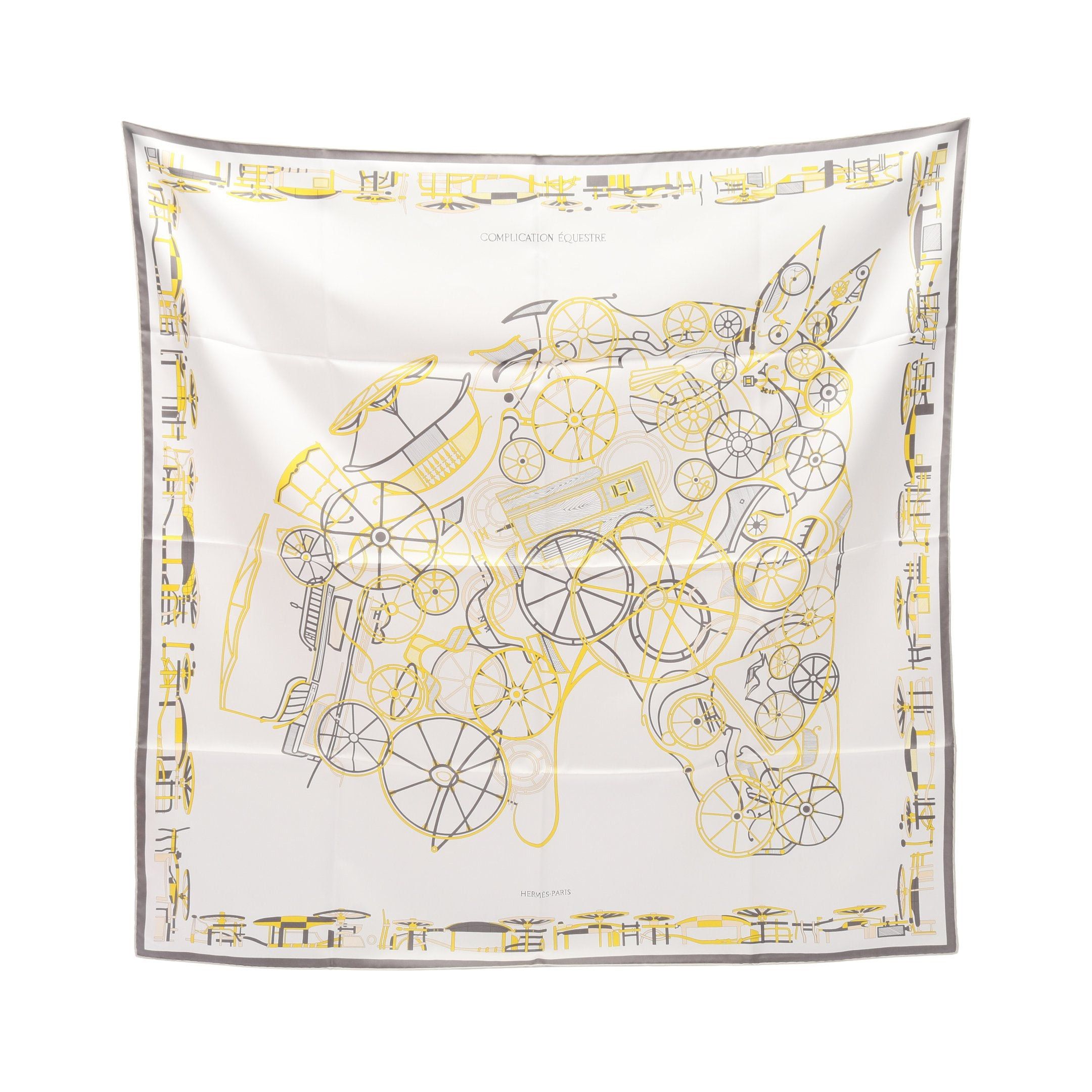 Hermes Hermes Carres 90 Complication Equestre Scarf Silk White Gray Yellow Size ONE SIZE - 1 Thumbnail