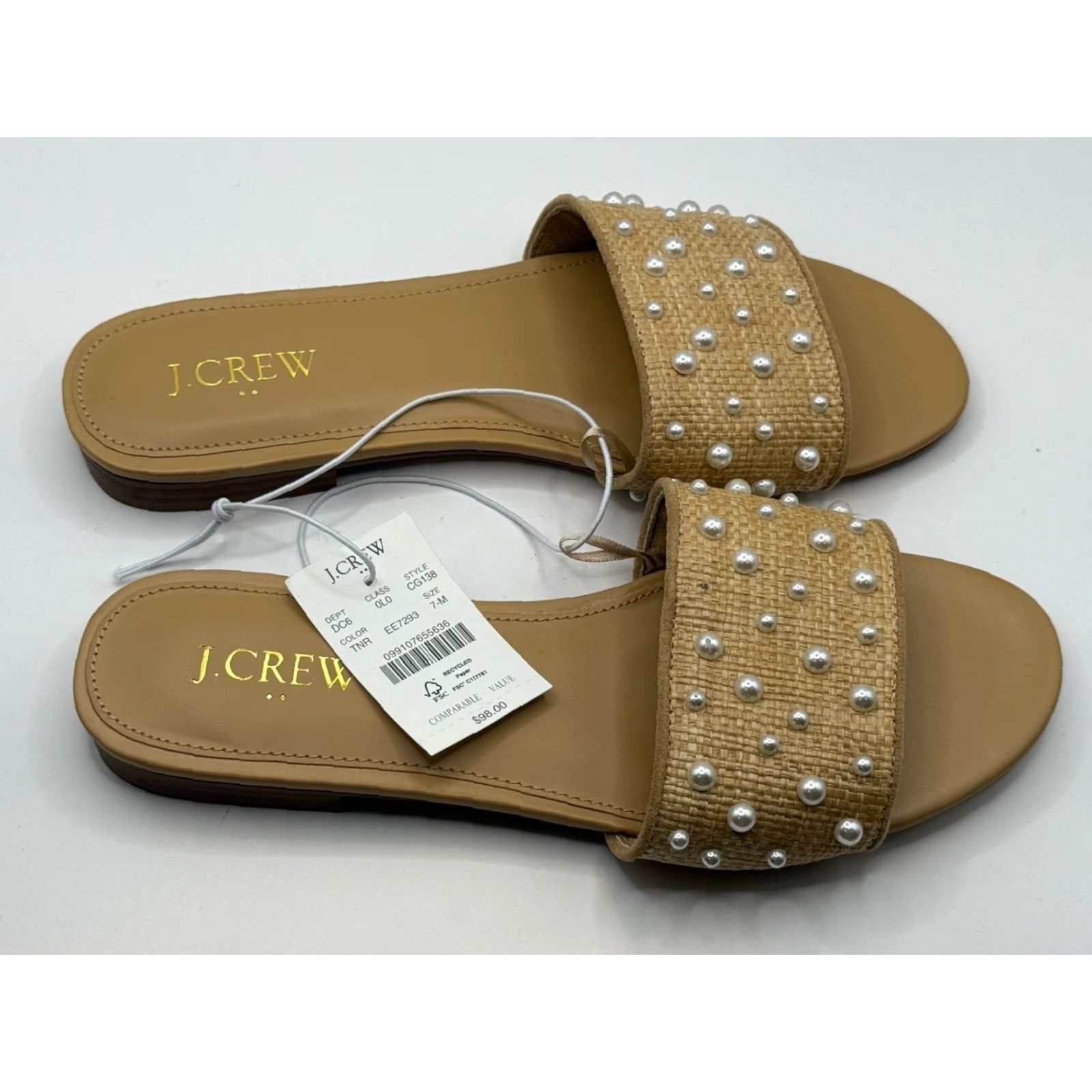 J.Crew VINTAGE J.Crew Factory Woven Pearl Slides Sandals Women Slip On Flat Natural Tan Size 7 Brown Slide Nature Theme Size US 7 / IT 37 - 2 Thumbnail