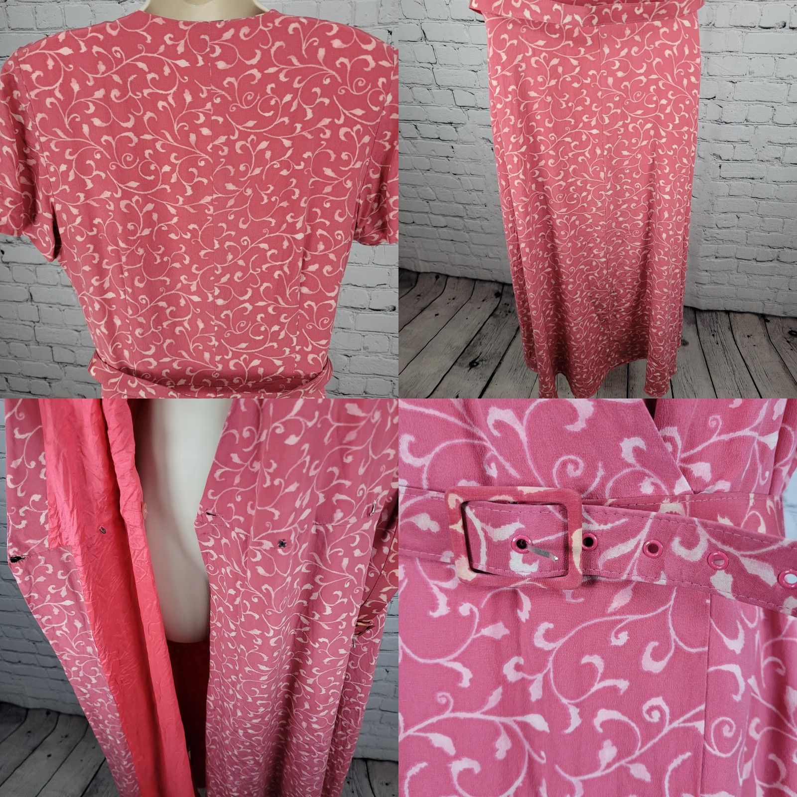 VINTAGE Papillon Pink 100% Silk Leaf Print Short Sleeve Belted Lined Wrap Dress 16