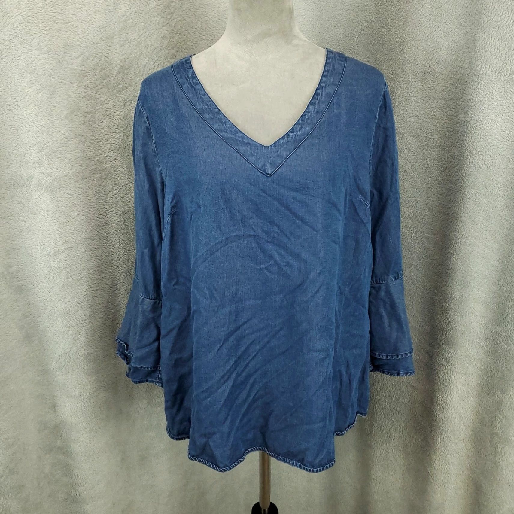 Vintage Womens Chambray Blouse XL Blue V-Neck Flutter Sleeve Top Boho Comfort Shirt Blouse Womens Bohemian Classic Size XL / US 12-14 / IT 48-50 - 2 Thumbnail