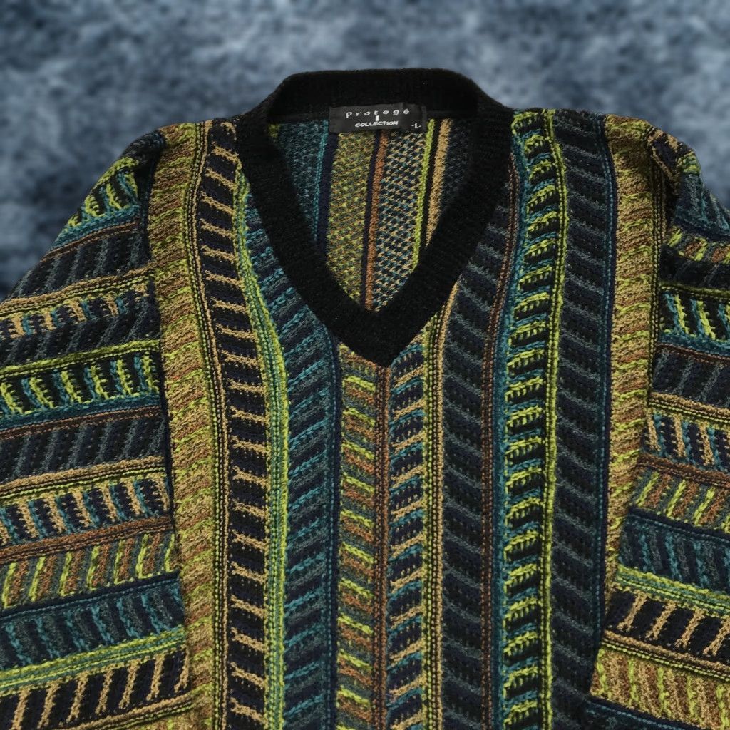 VINTAGE Protege Sweater Mens Large Green Coogi Style V Neck Textured Knit 90s