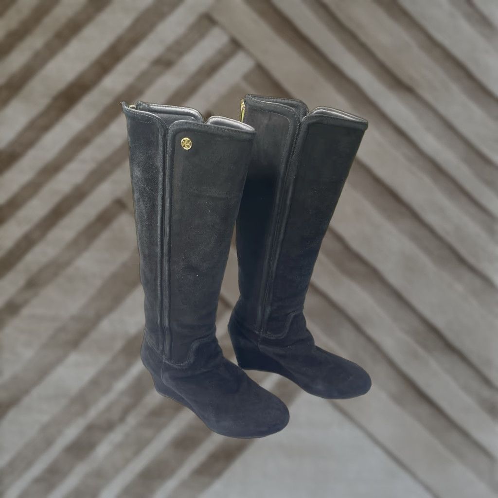 Tory Burch Tory Burch Irene Black Suede Wedge Boots Size 7.5 M Knee High Zip Logo Women Size US 8 / IT 38 - 1 Thumbnail