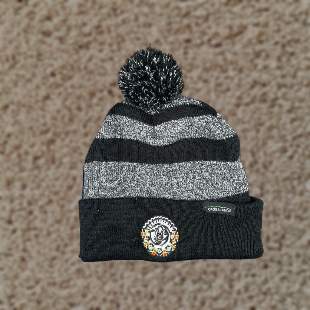Vintage Crossland Beanie Toque Adult Gray Stripe Knit 100% Acrylic Patch Pom Ski Knit Hat Unisex Adults One Size Gray Beanie Mens Womens Size ONE SIZE - 1 Thumbnail