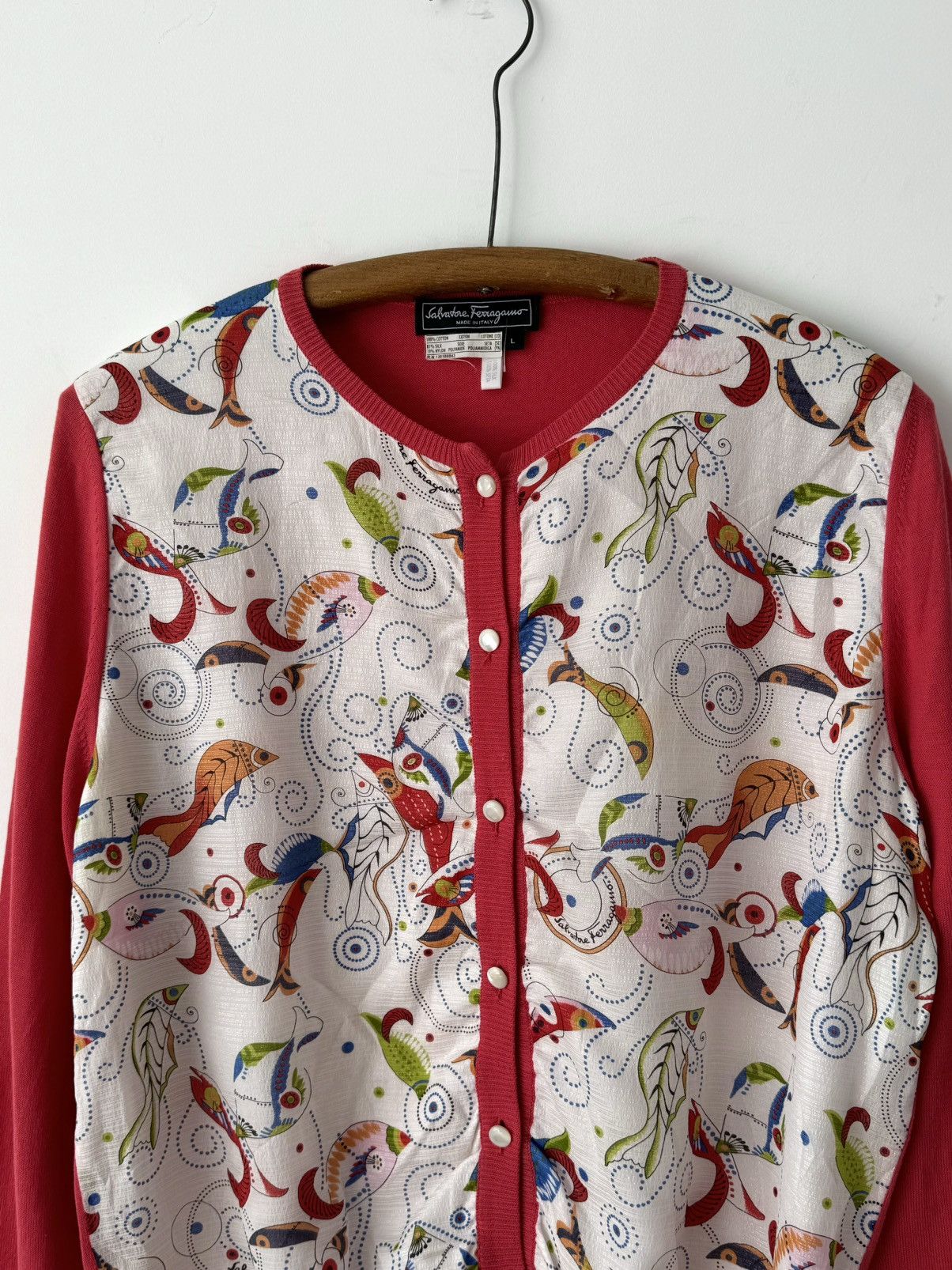 Salvatore Ferragamo × Vintage Vintage 90s Salvatore Ferragamo ‘Fish’ Silk Print Cardigan Size L / US 10 / IT 46 - 3 Thumbnail