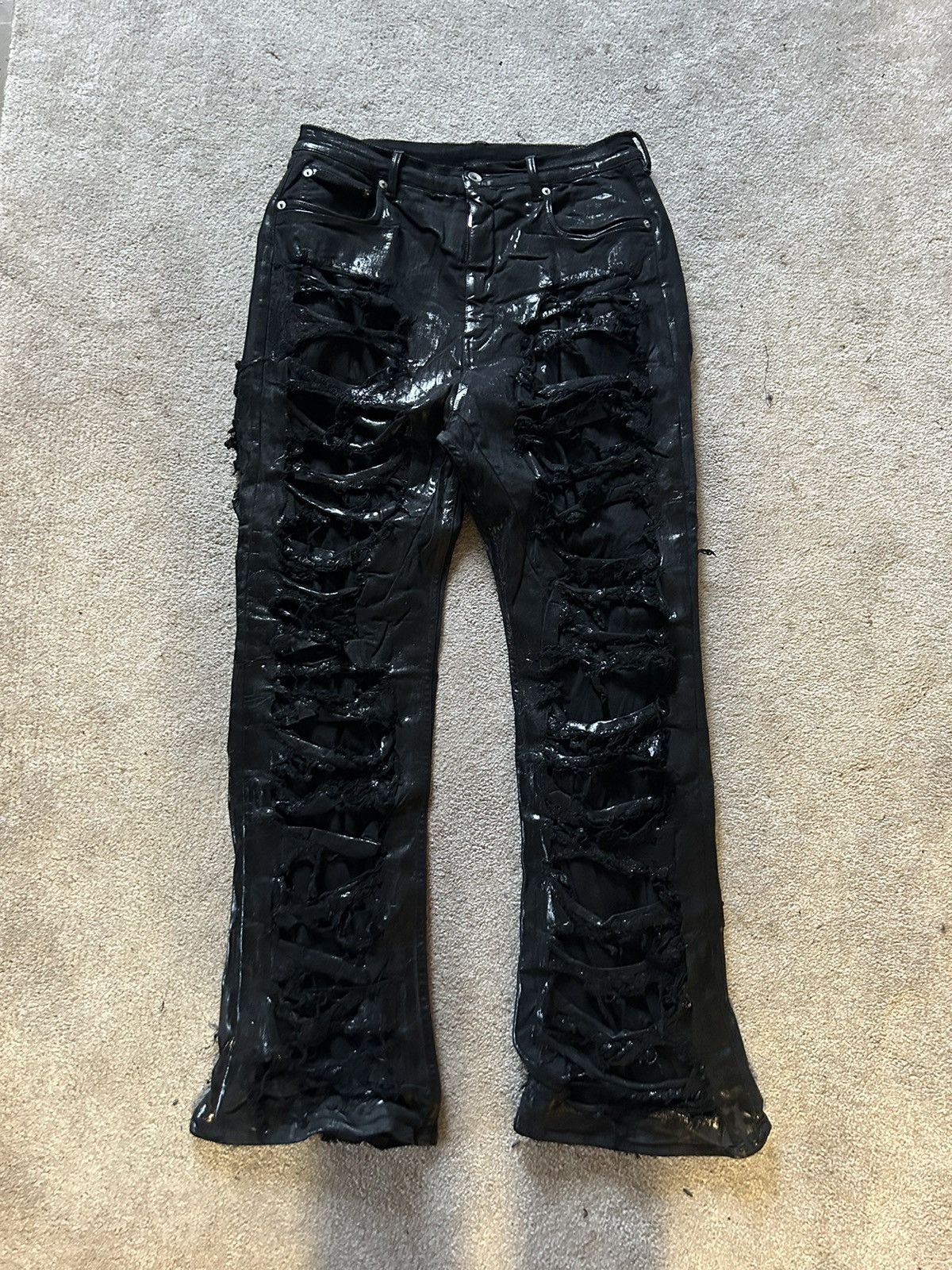 Rick Owens GETH CUT Rick Owens DRKSHDW Waxed Slashed Black BAGGY Jeans ...